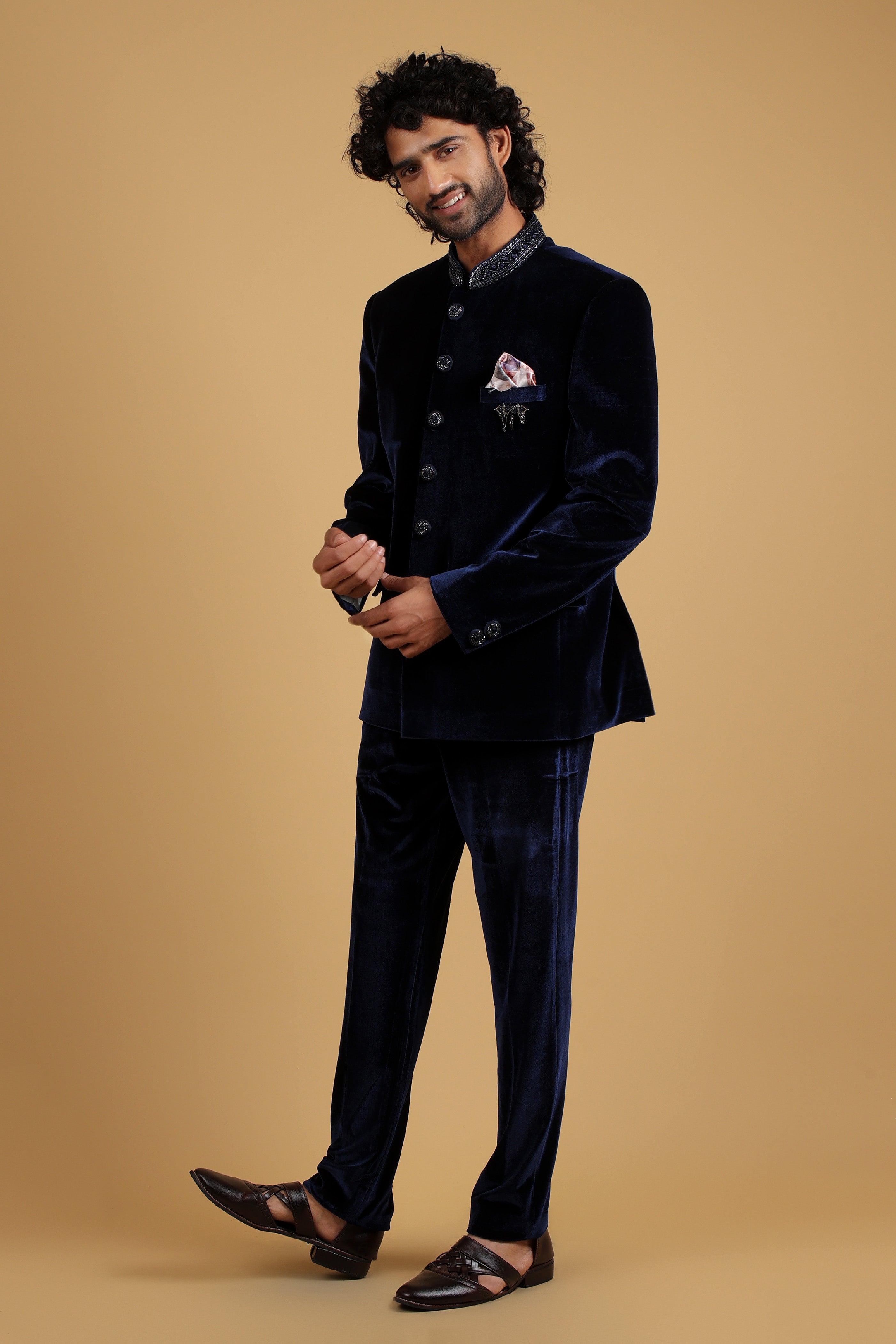 Roasty Blue Velvet Bandhgala Ensemble