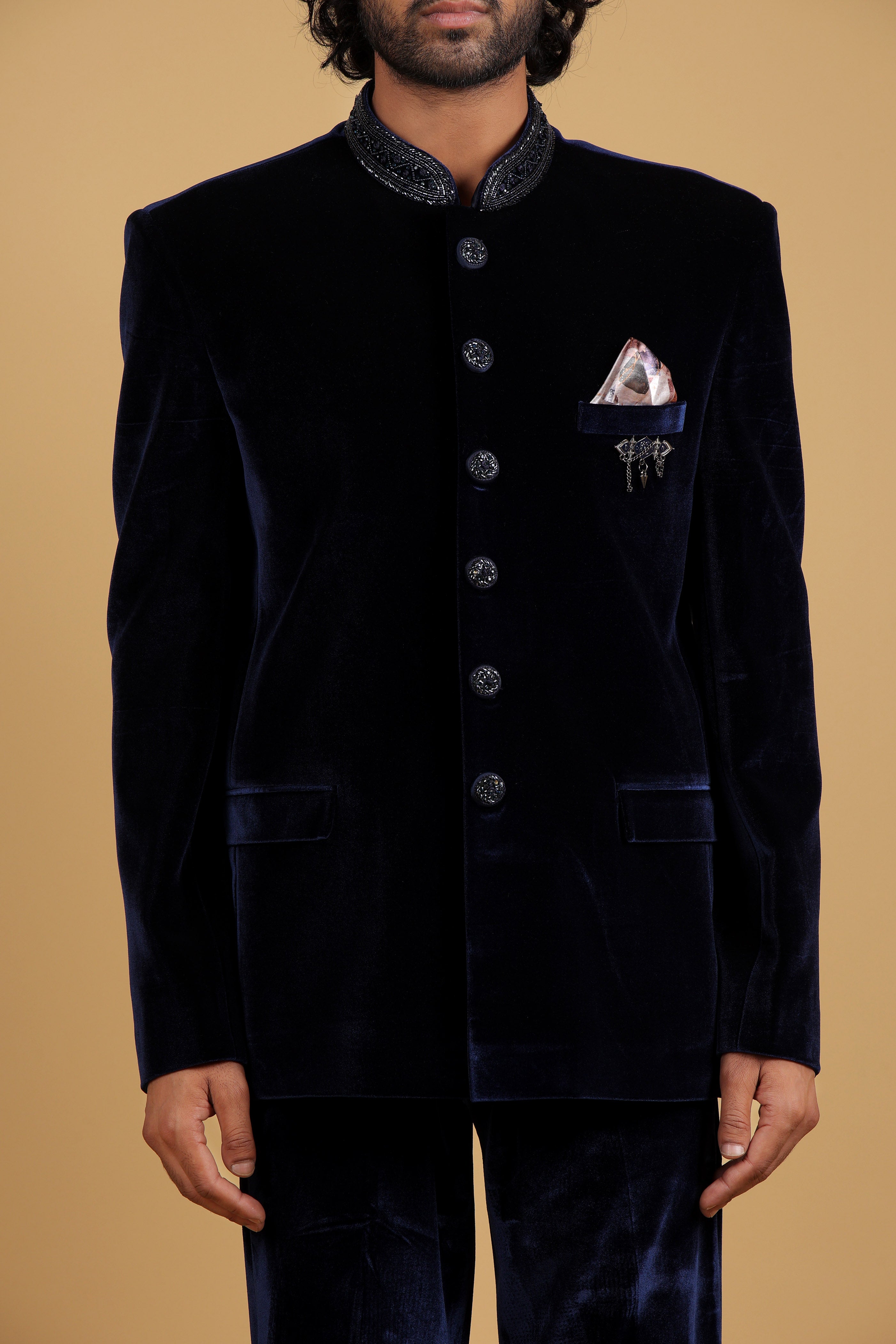 Roasty Blue Velvet Bandhgala Ensemble