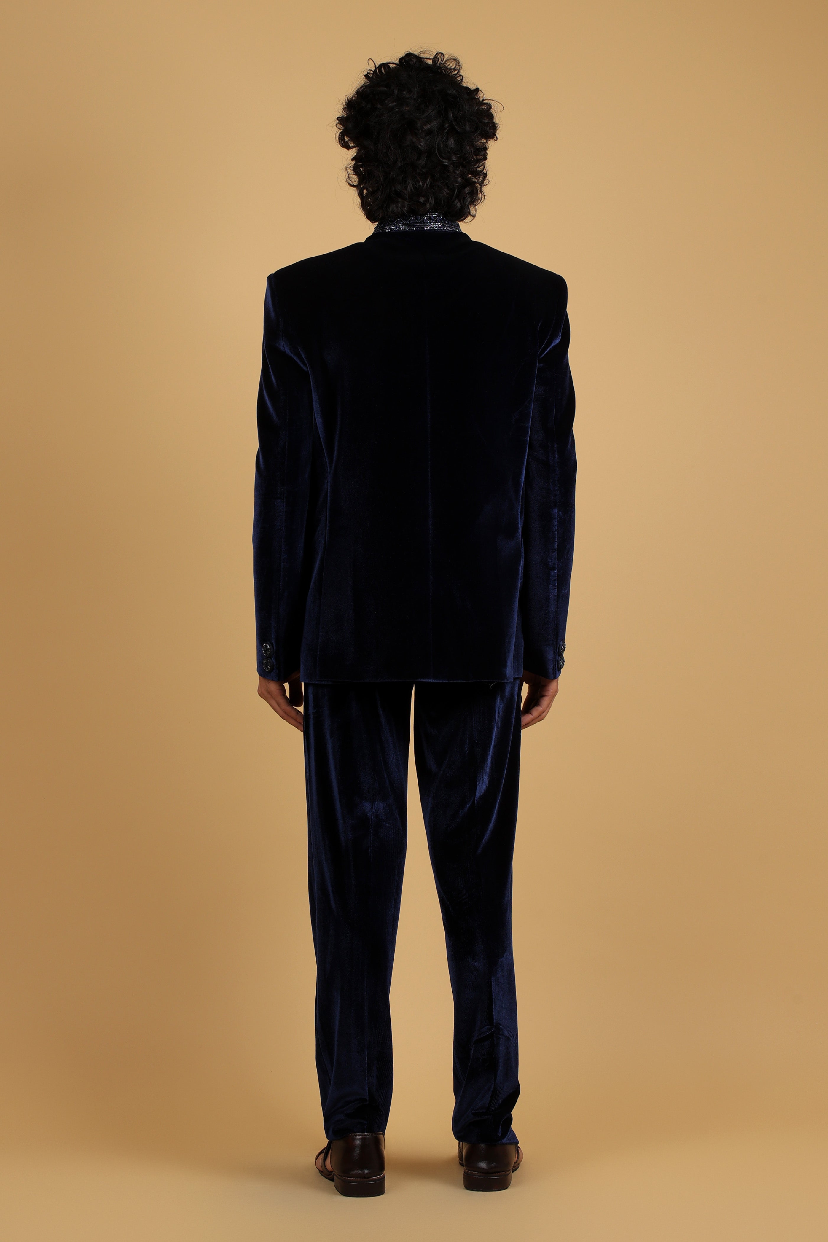 Roasty Blue Velvet Bandhgala Ensemble