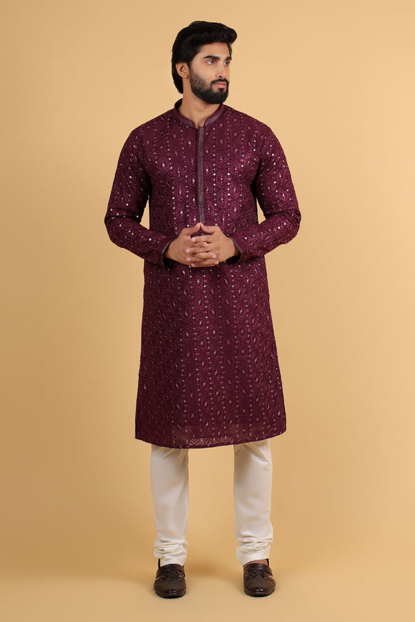 Majestic Wine Georgette Embroidered Kurta