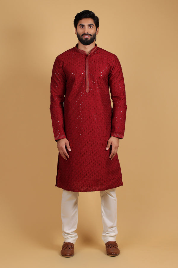 Maroon Frandy Silk Kurta with Sequin Thread Embroidery
