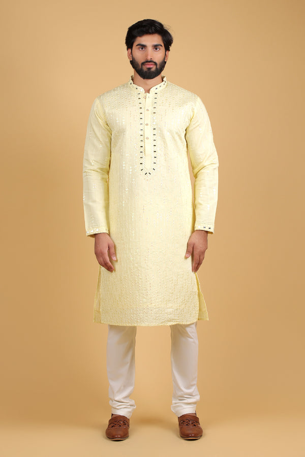 Lime Glow Chanderi Kurta with Mirror & Resham Sequin Embroidery