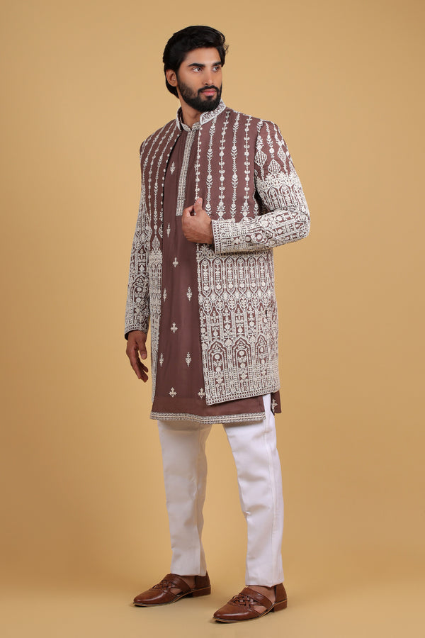 Heritage Brown Hand-Embroidered Front Open Indo-Western