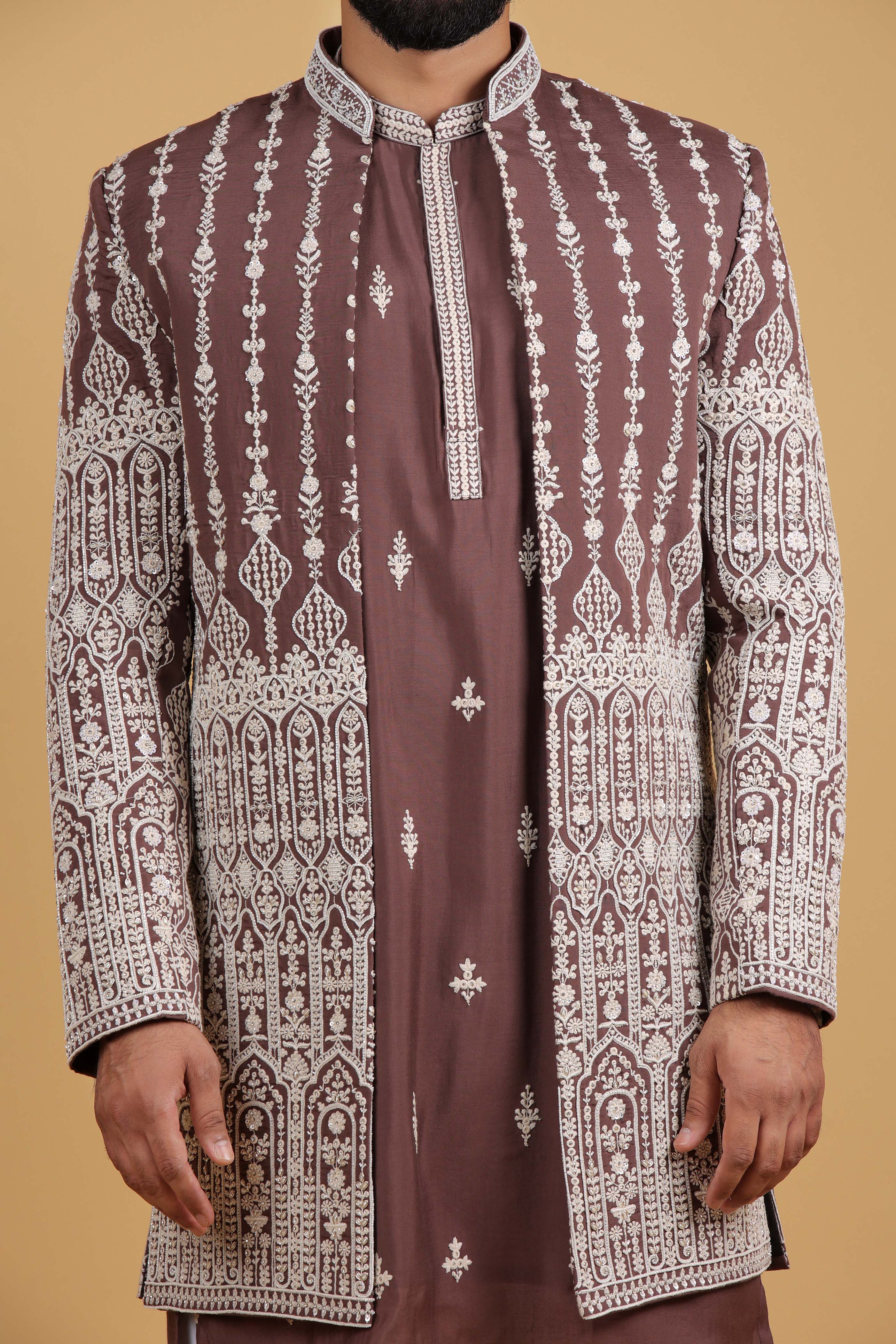 Heritage Brown Hand-Embroidered Front Open Indo-Western