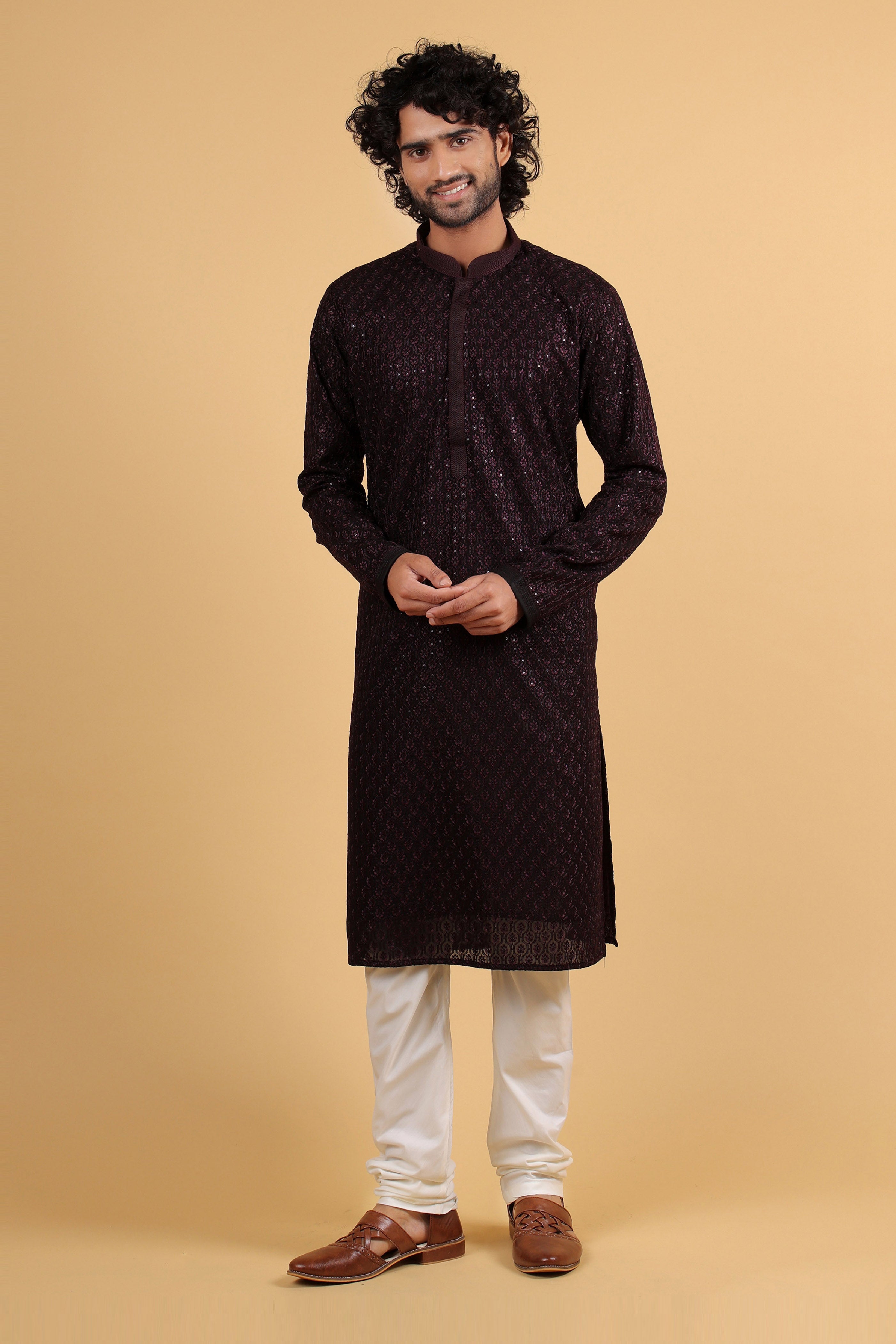 Velvet Wine Sequin Embroidered Georgette Kurta