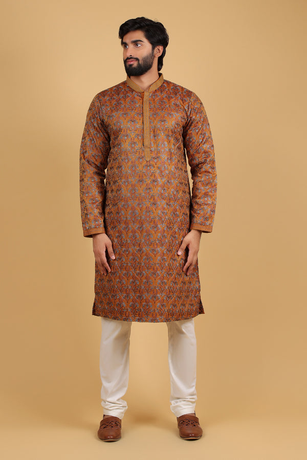 Mustard Majesty Russian Silk Kurta with Heavy Resham & Sequin Work