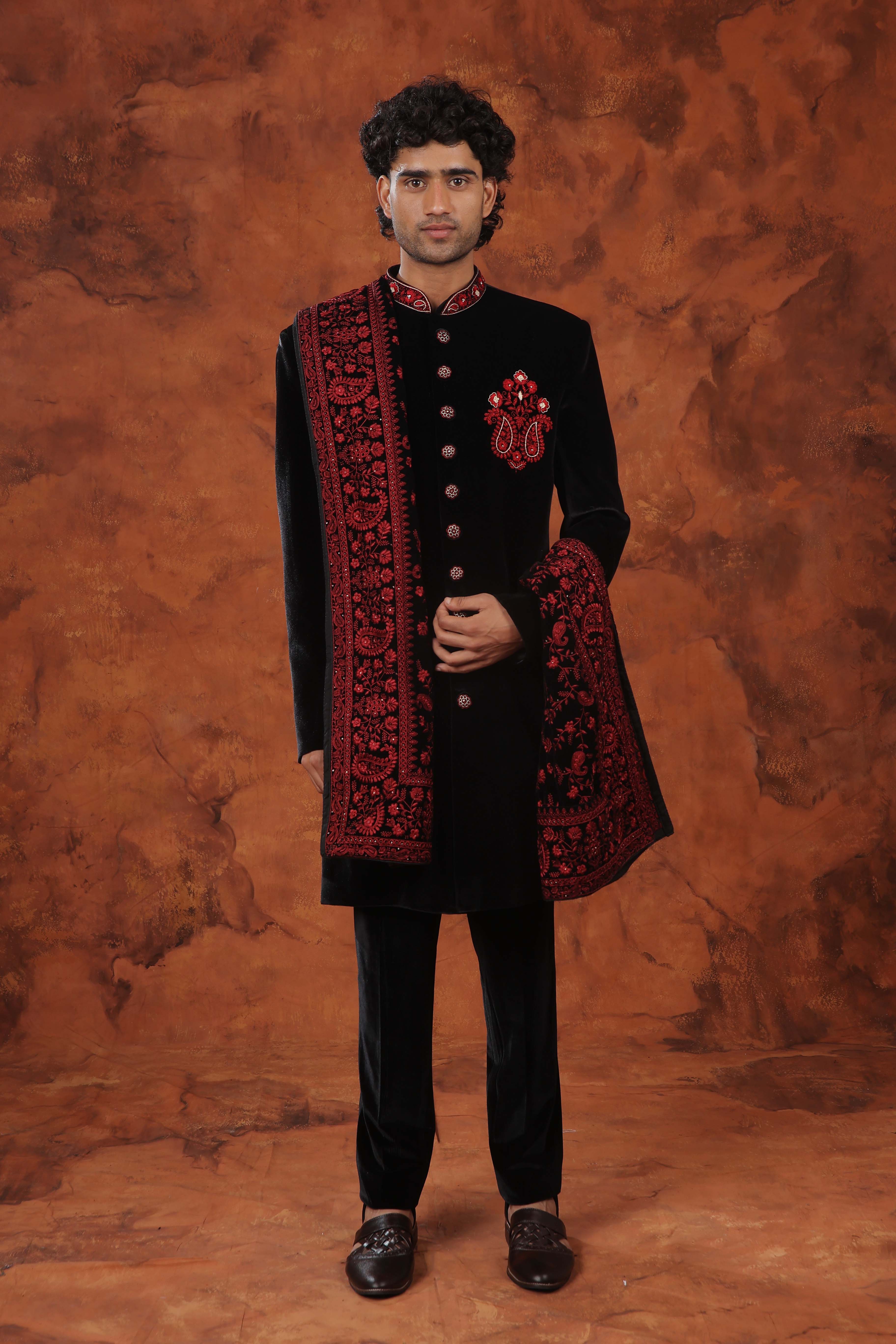 Ebony Crimson Embroidered Indowestern Suit