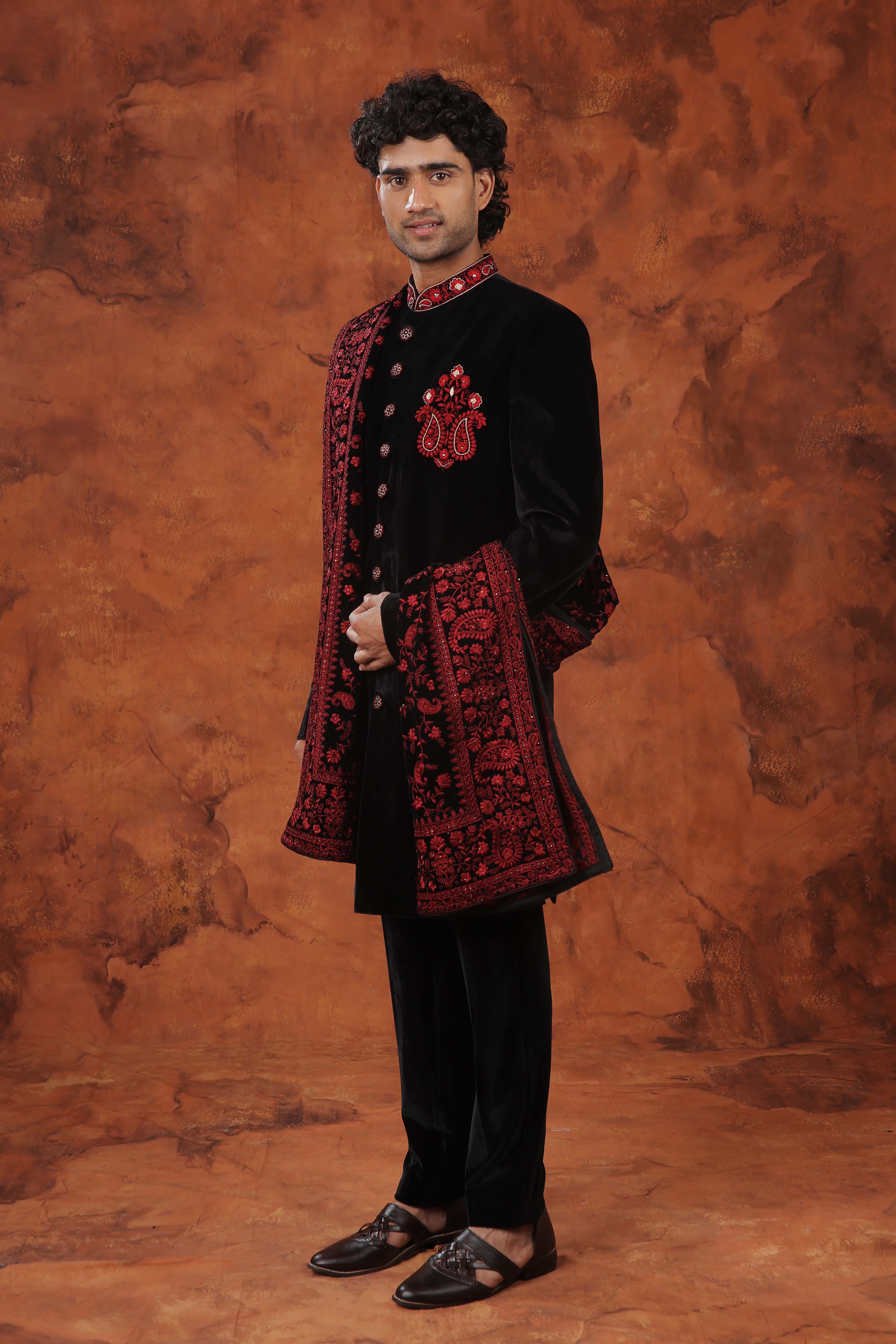 Ebony Crimson Embroidered Indowestern Suit