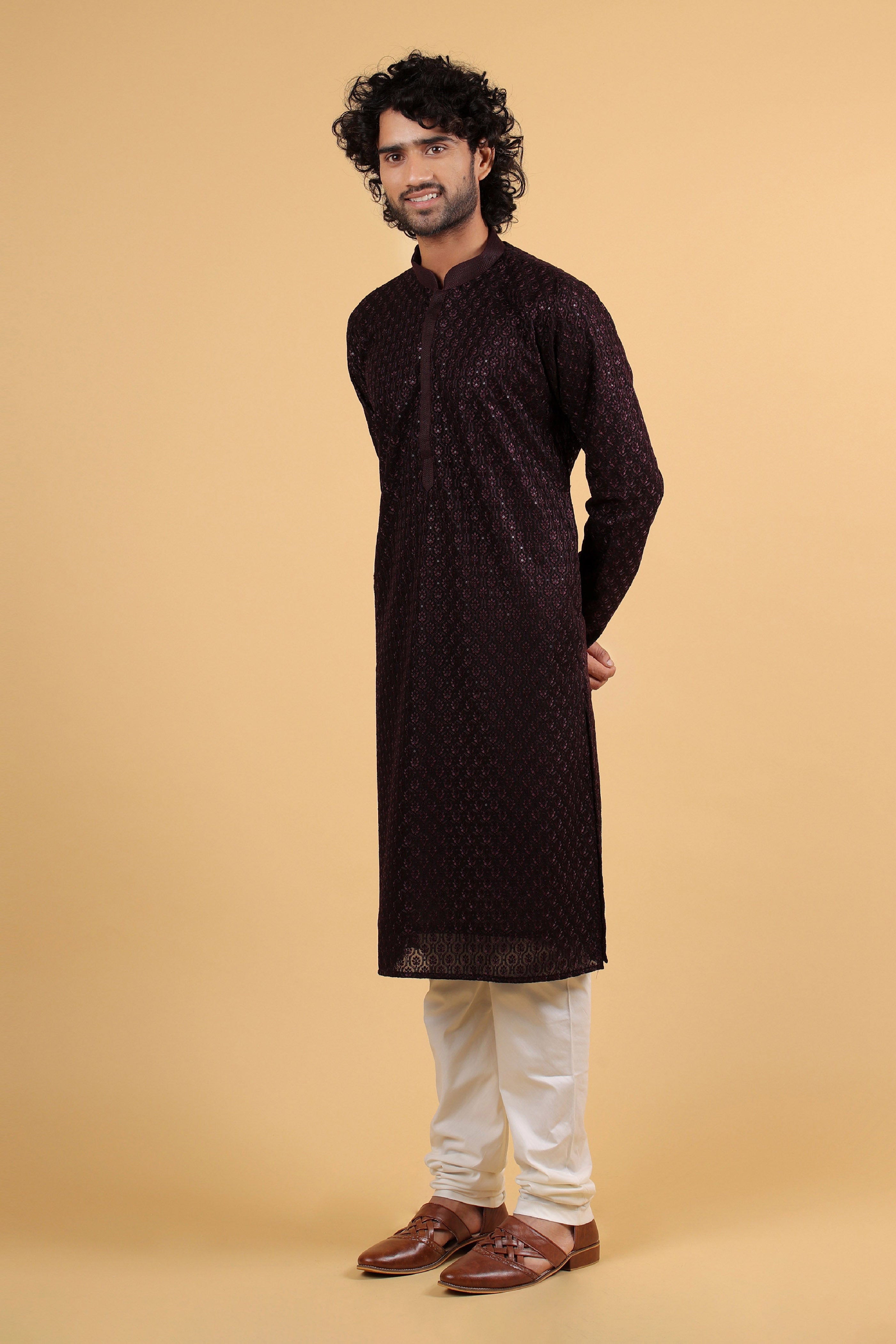 Velvet Wine Sequin Embroidered Georgette Kurta