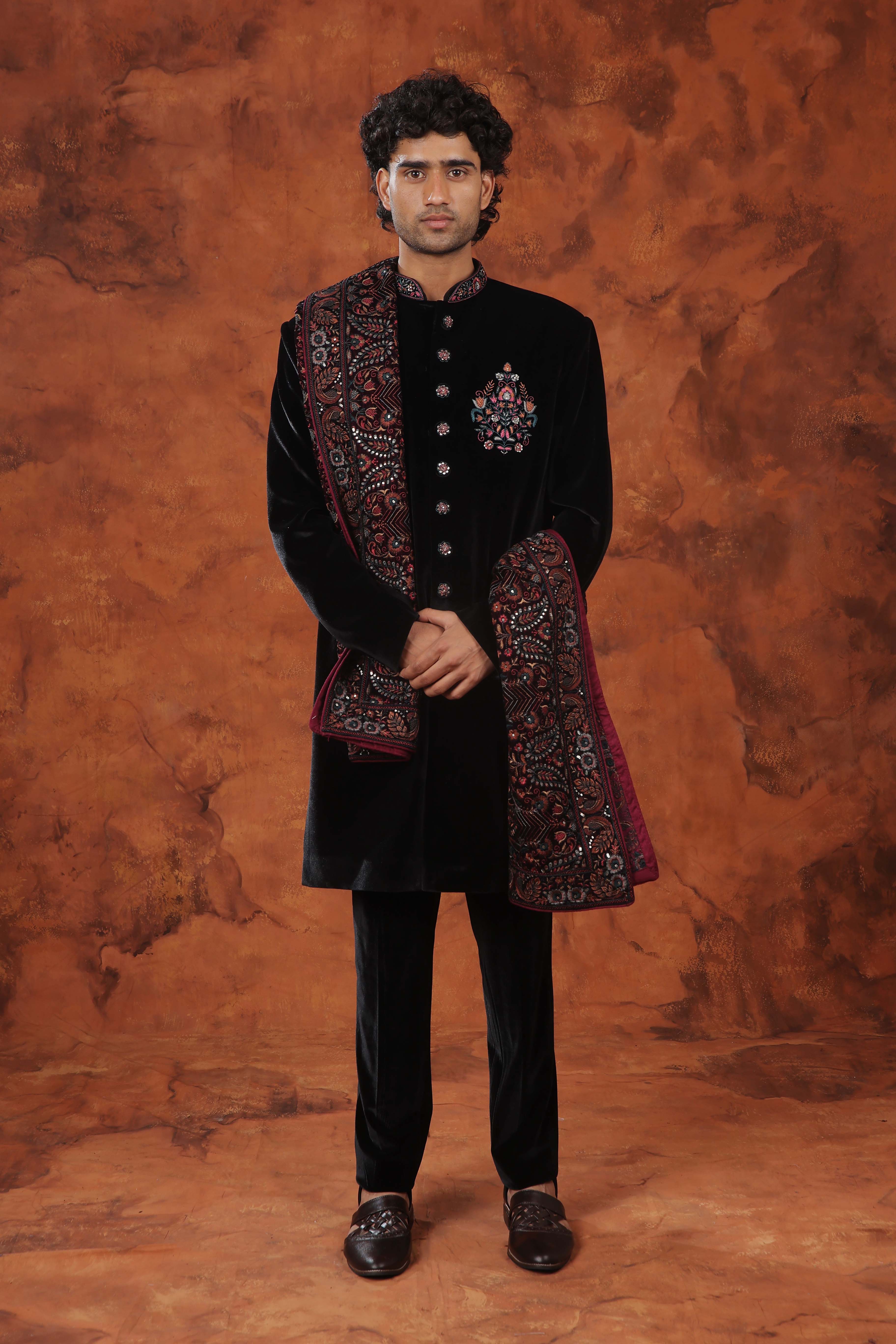 Noir Velvet Embroidered  Indowestern Suit