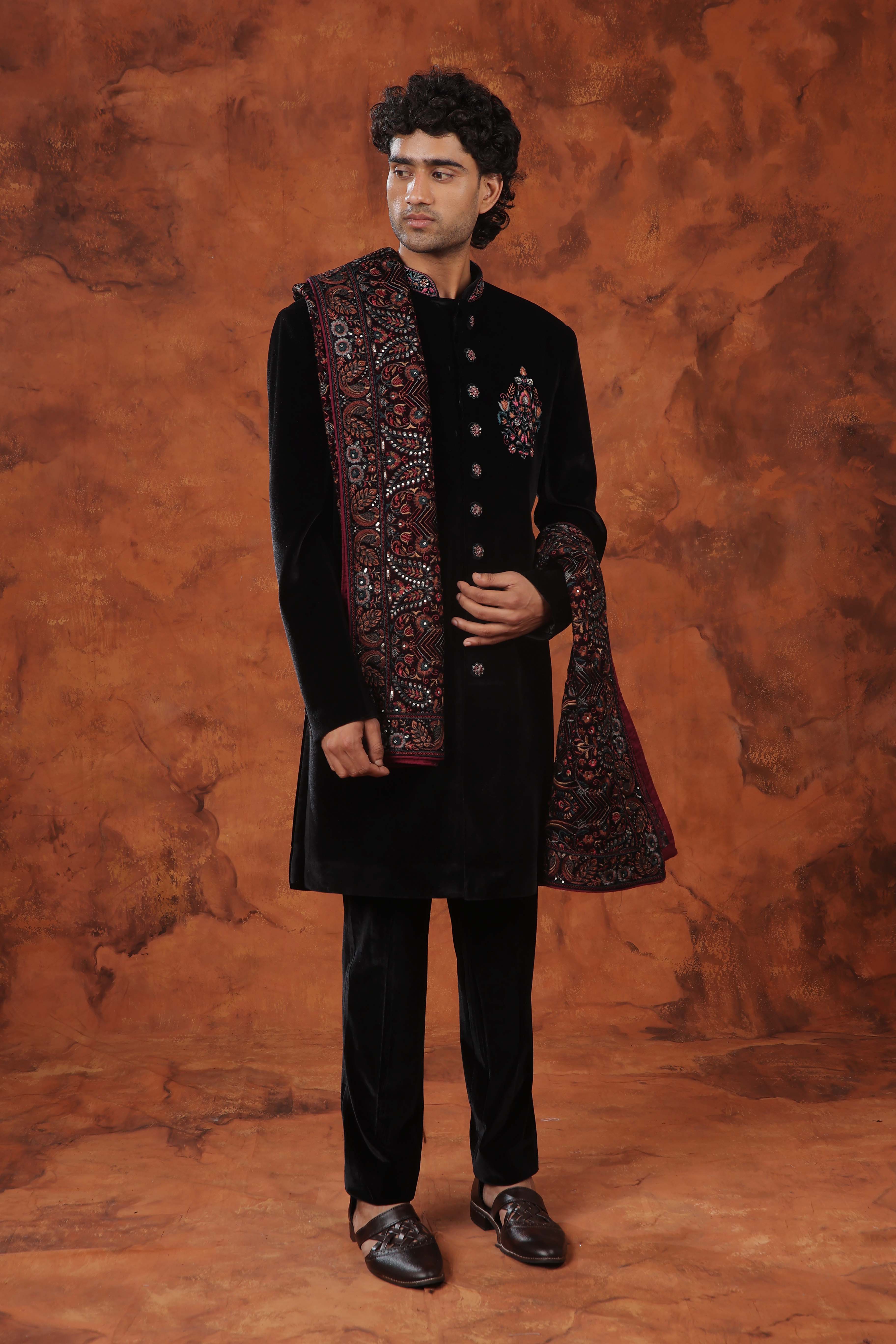 Noir Velvet Embroidered  Indowestern Suit