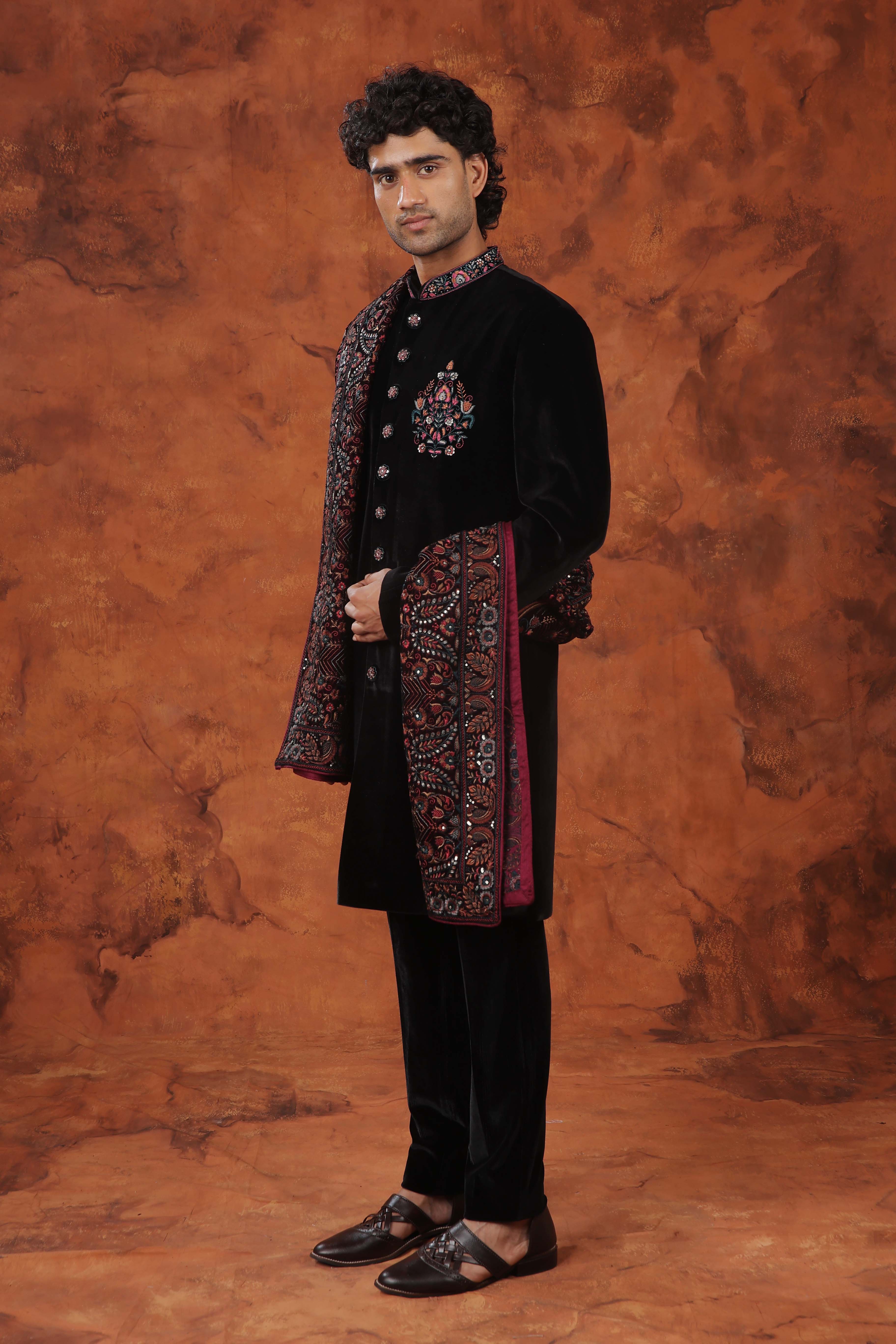 Noir Velvet Embroidered  Indowestern Suit