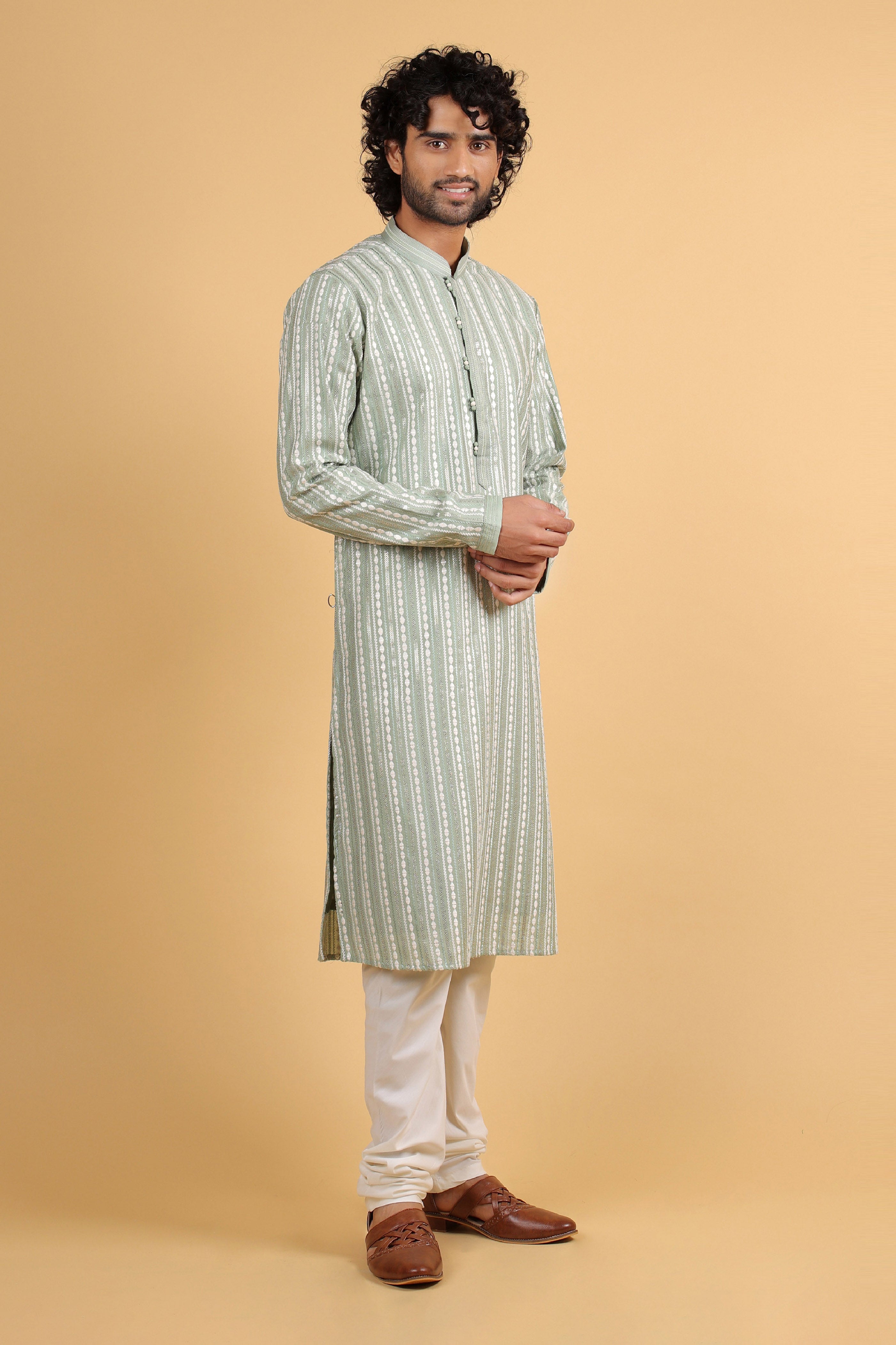 Pista Harmony Thread & Sequin Embroidered Silk Kurta