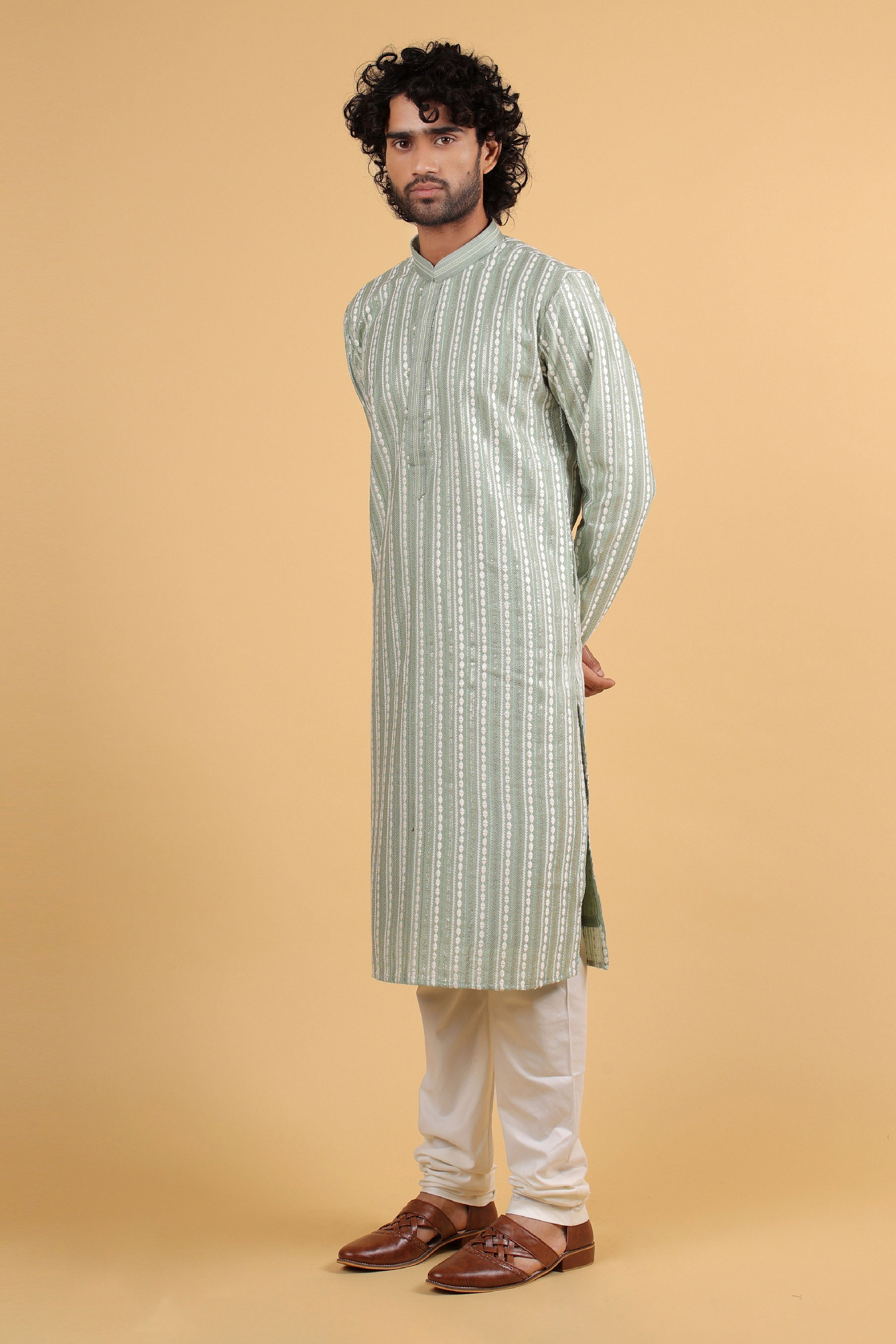 Pista Harmony Thread & Sequin Embroidered Silk Kurta