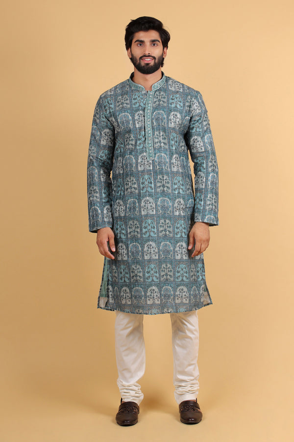 Regal Arch Greenish Grey Printed Silk