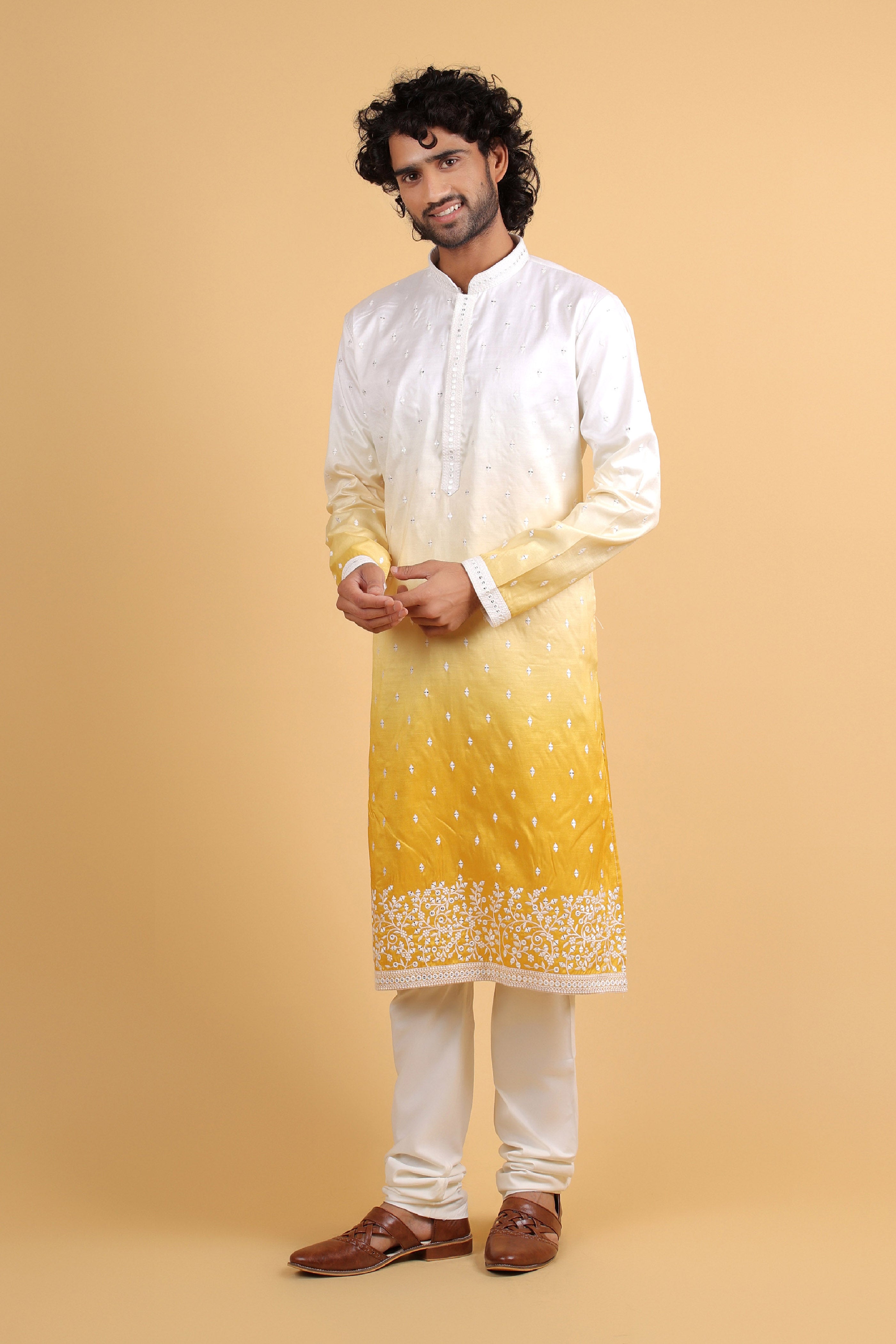 OmbrÃ© Yellow Parry Silk Kurta with Sequin Embroidery