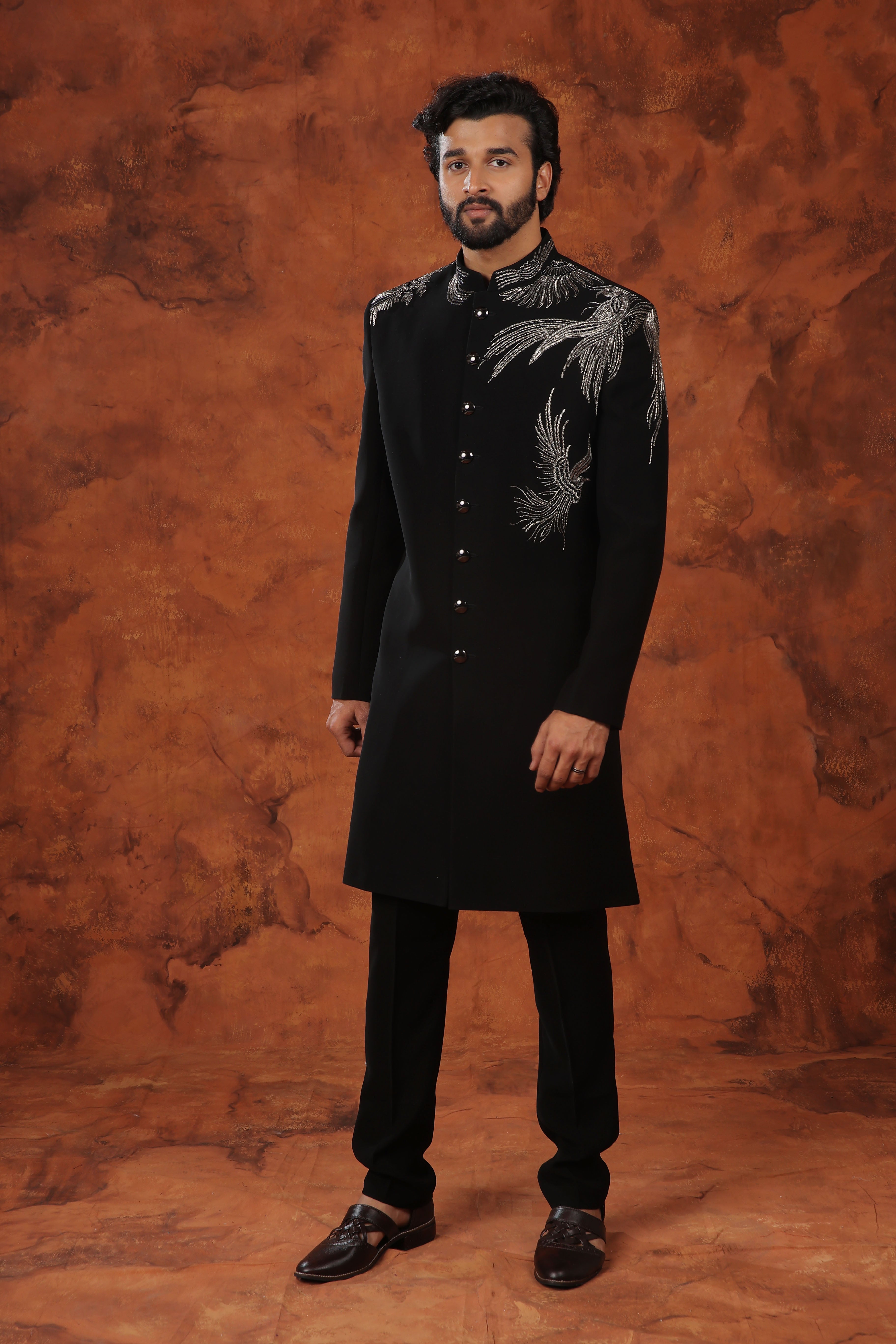 Midnight Phoenix Cutdana Hand-Embroidered Indowestern