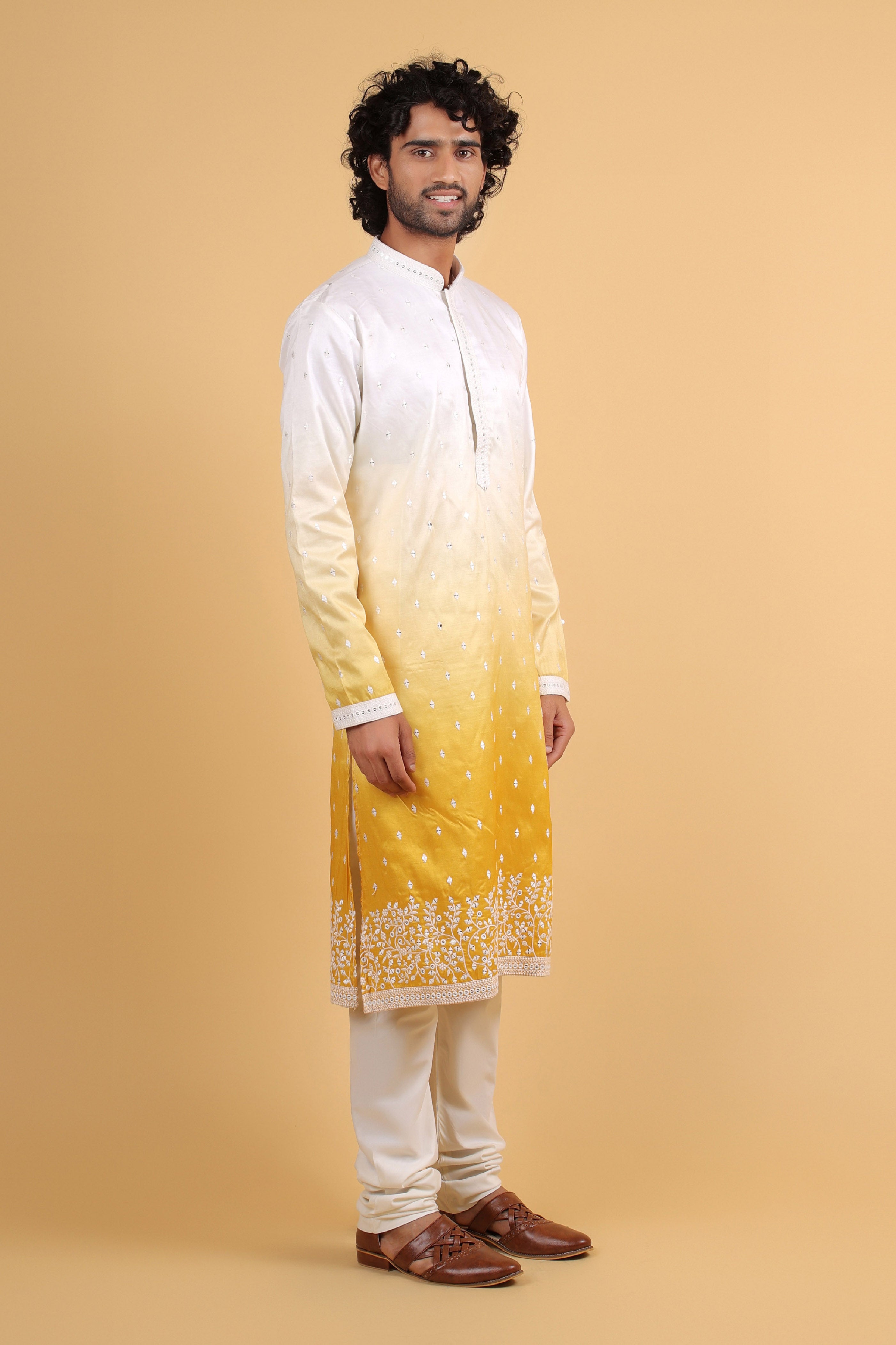 OmbrÃ© Yellow Parry Silk Kurta with Sequin Embroidery