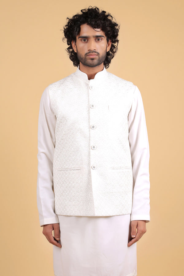 Regal White Chanderi Embroidered Sadri