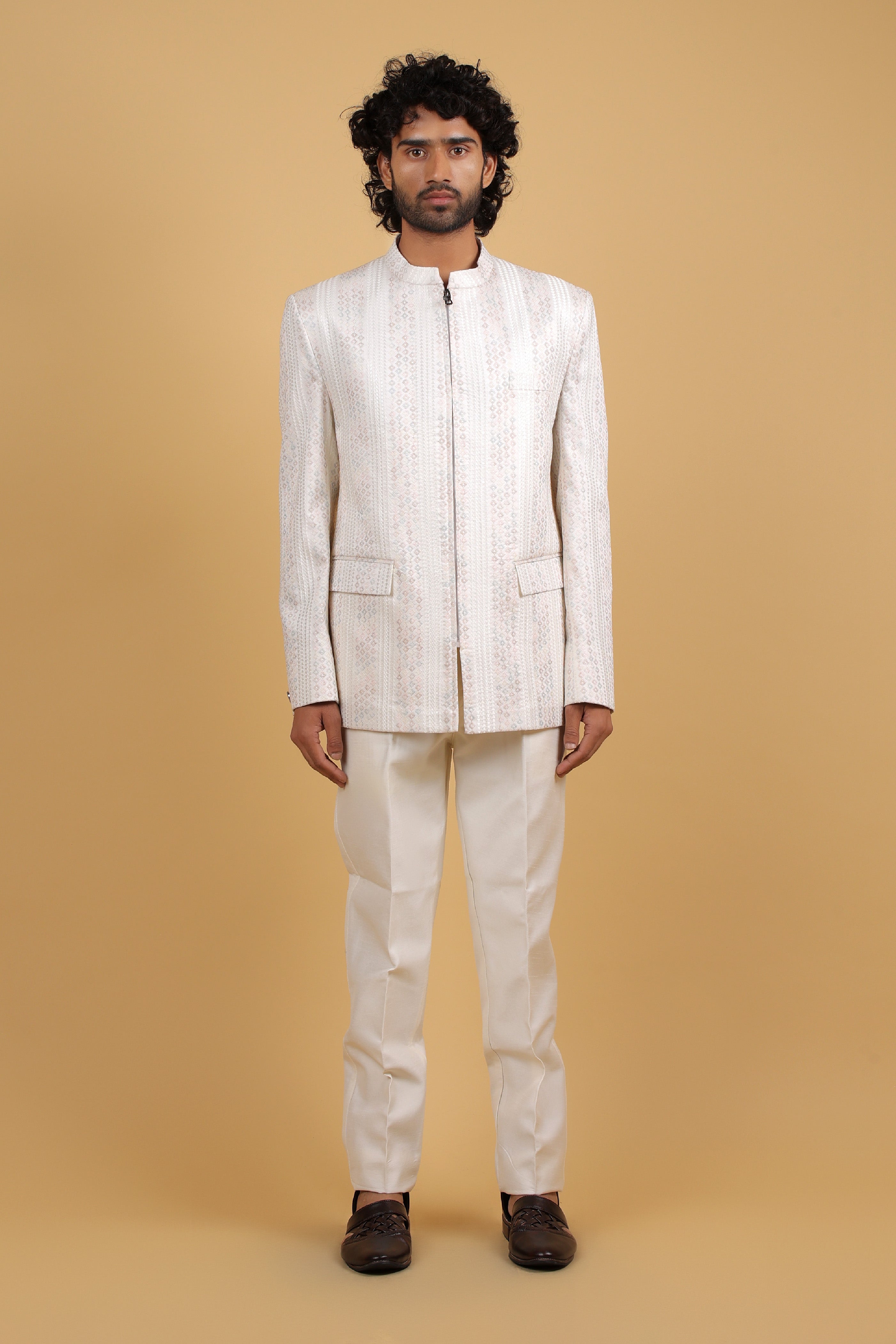 Cream Raw Silk Zipper Bandhgala with Resham Sequence Embroidery