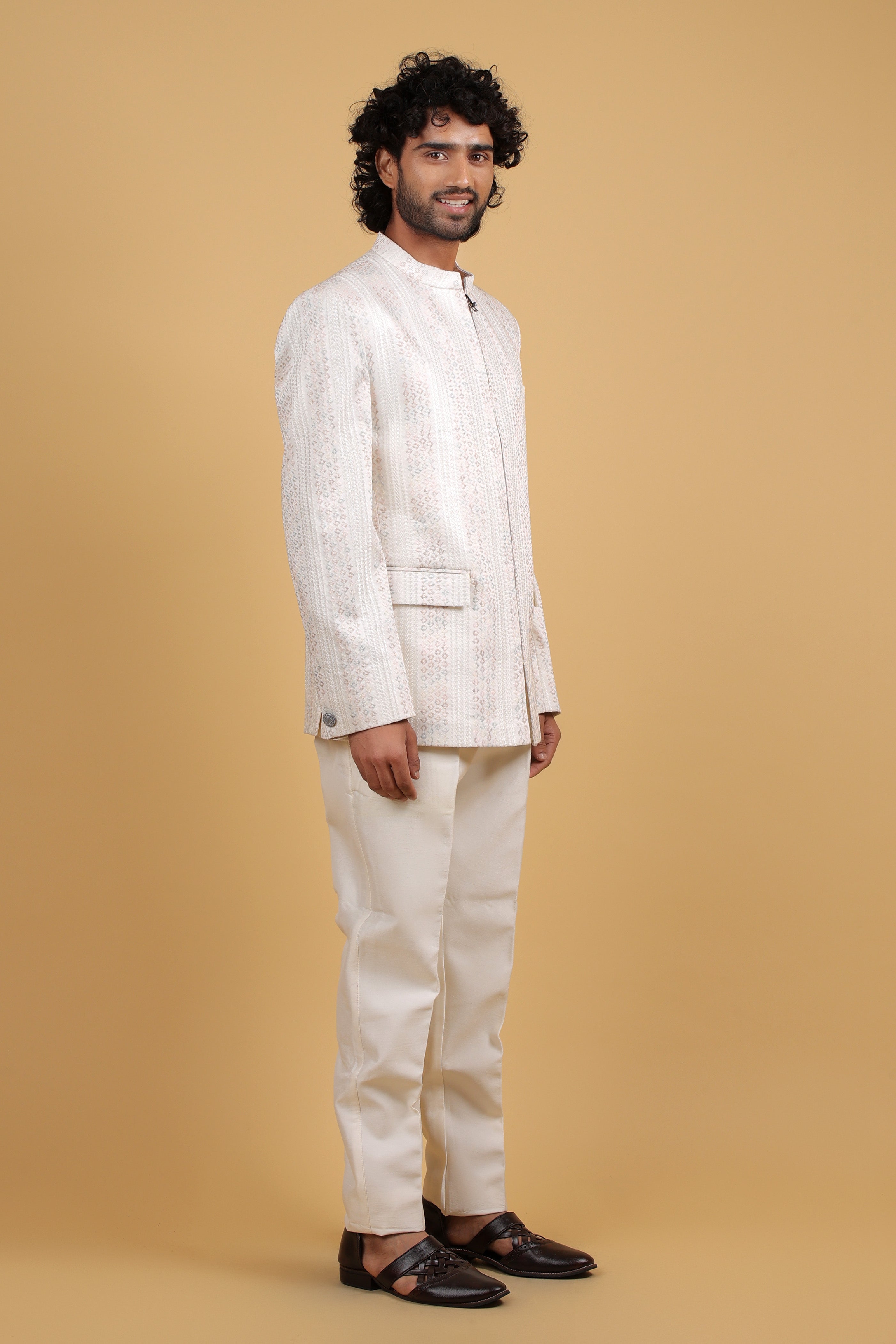 Cream Raw Silk zip Bandhgala with Multi-Thread Resham Embroidery