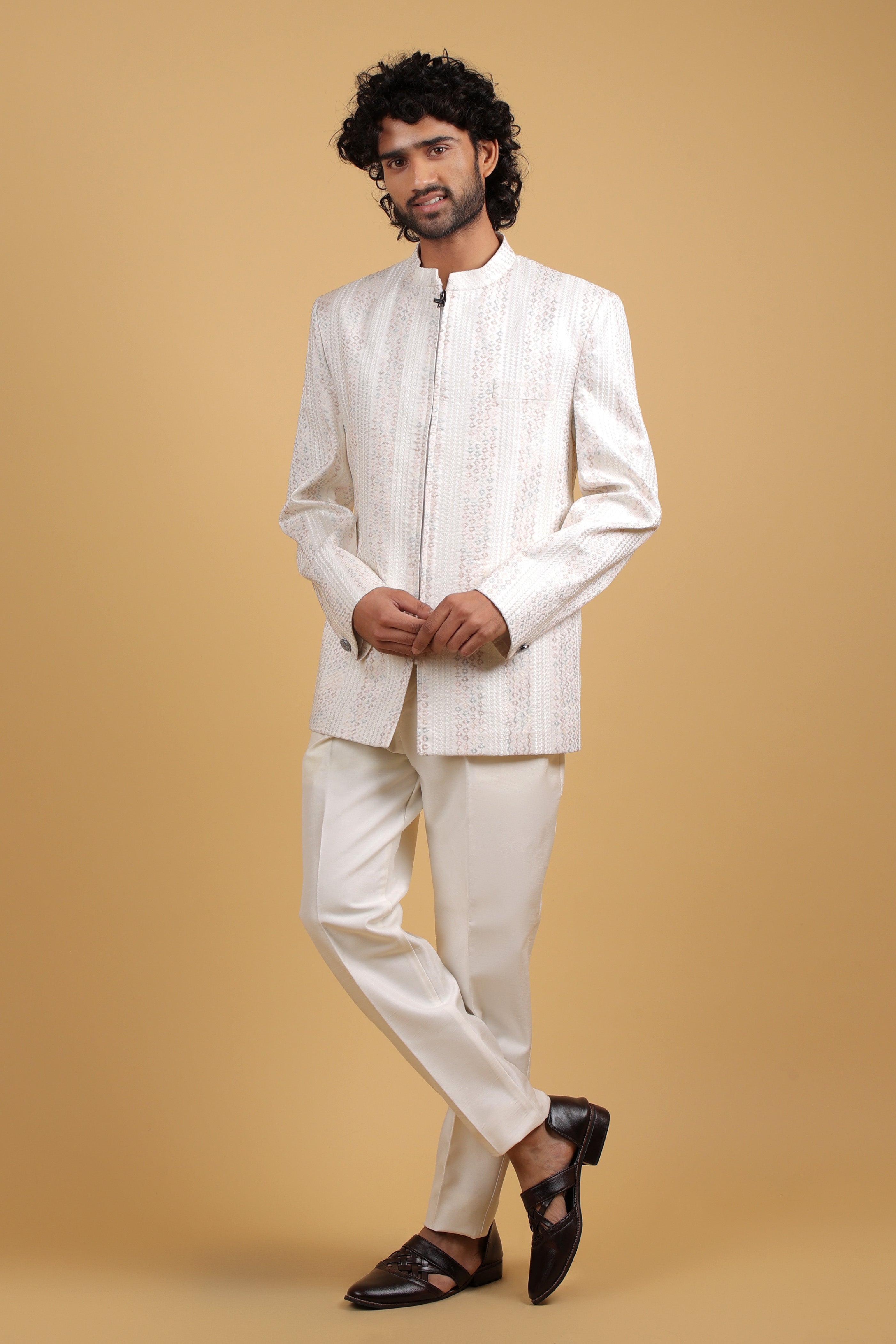 Cream Raw Silk Zipper Bandhgala with Resham Sequence Embroidery