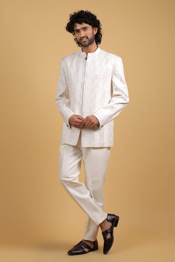 Cream Raw Silk zip Bandhgala with Multi-Thread Resham Embroidery