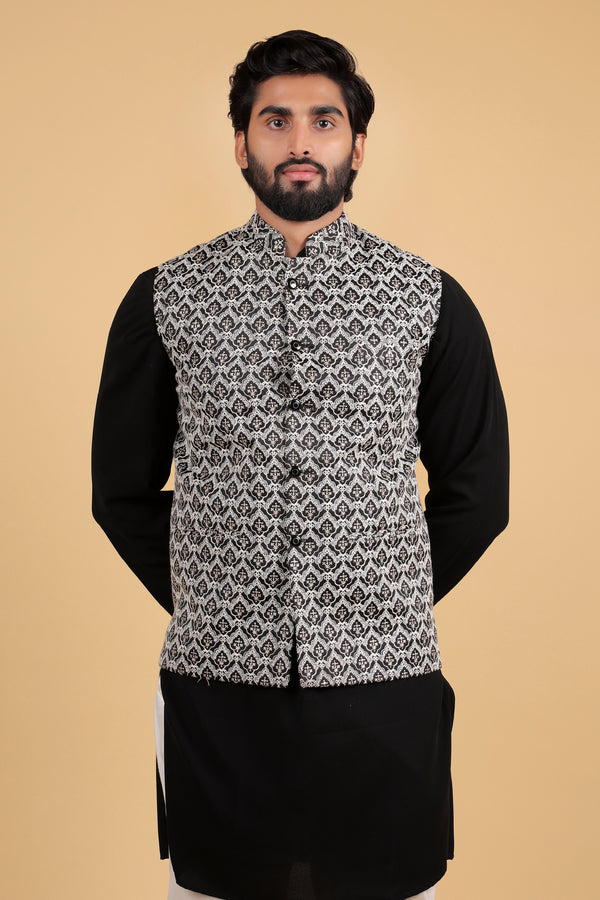 Midnight Majesty Sequin-Embroidered Satin Silk Sadri