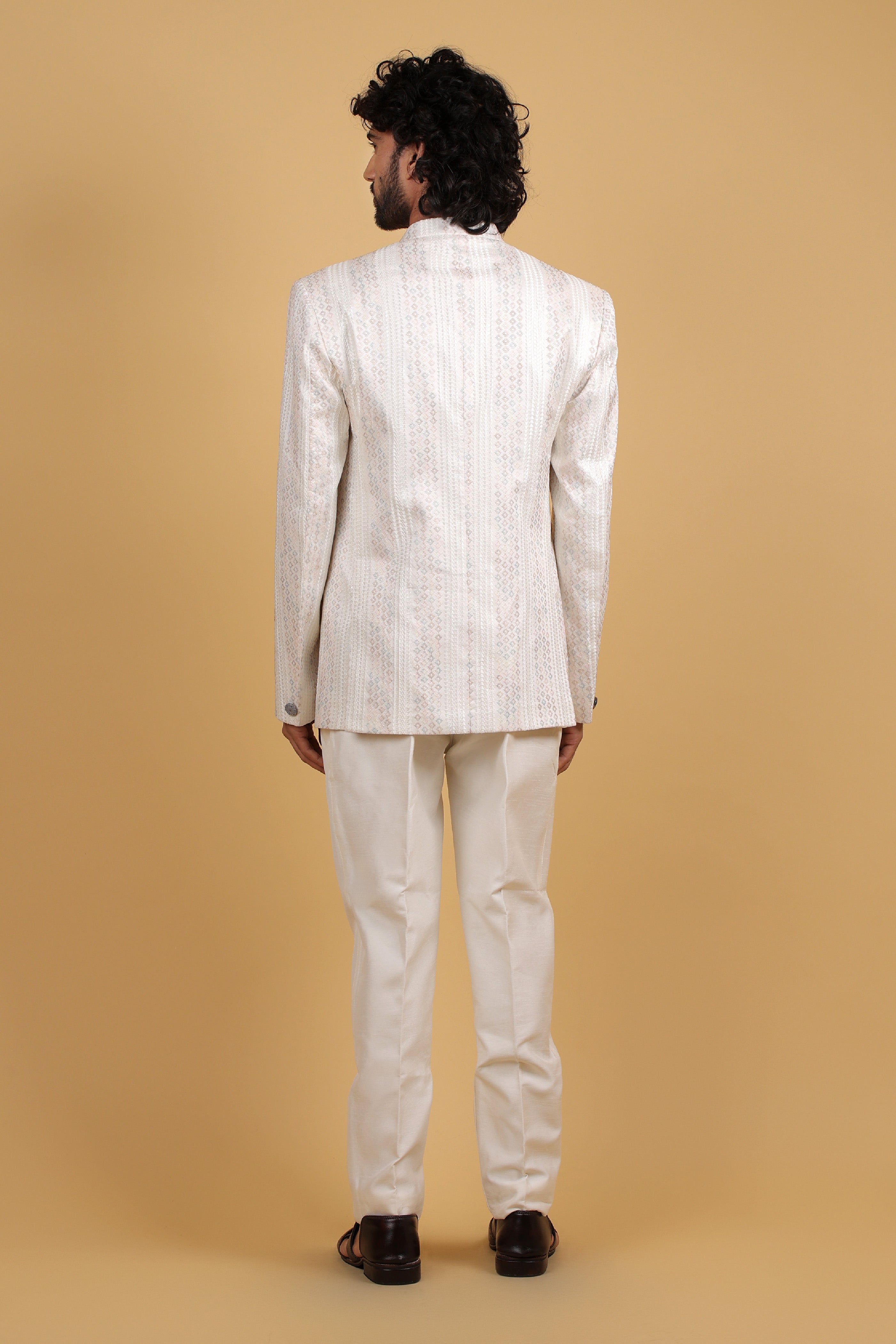Cream Raw Silk zip Bandhgala with Multi-Thread Resham Embroidery