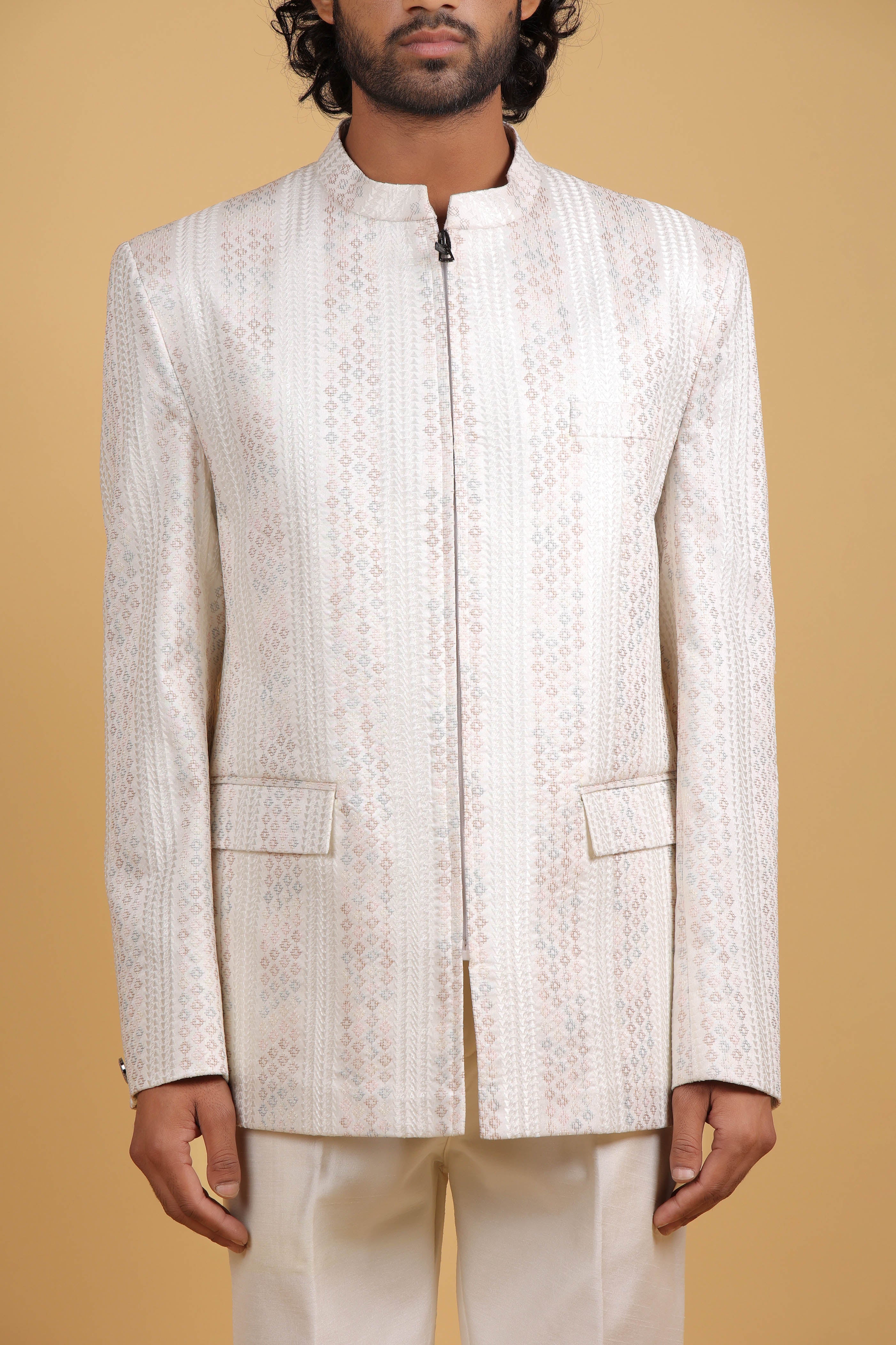 Cream Raw Silk Zipper Bandhgala with Resham Sequence Embroidery