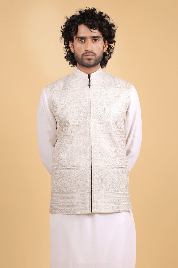 Royal Heritage Beige Sequin Embroidered Rado Silk Sadri