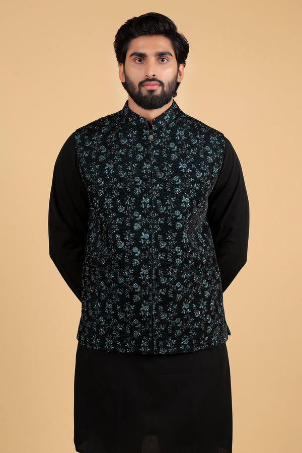 Peacock Noir Cutdana Embroidered Velvet Sadri