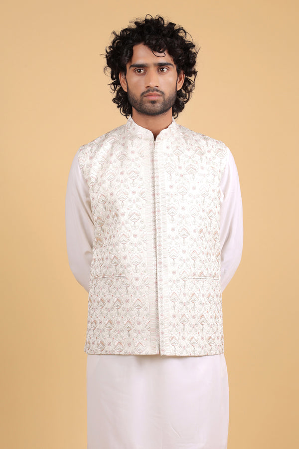 Ivory Mosaic Resham Embroidered Sadri in Frindy Silk