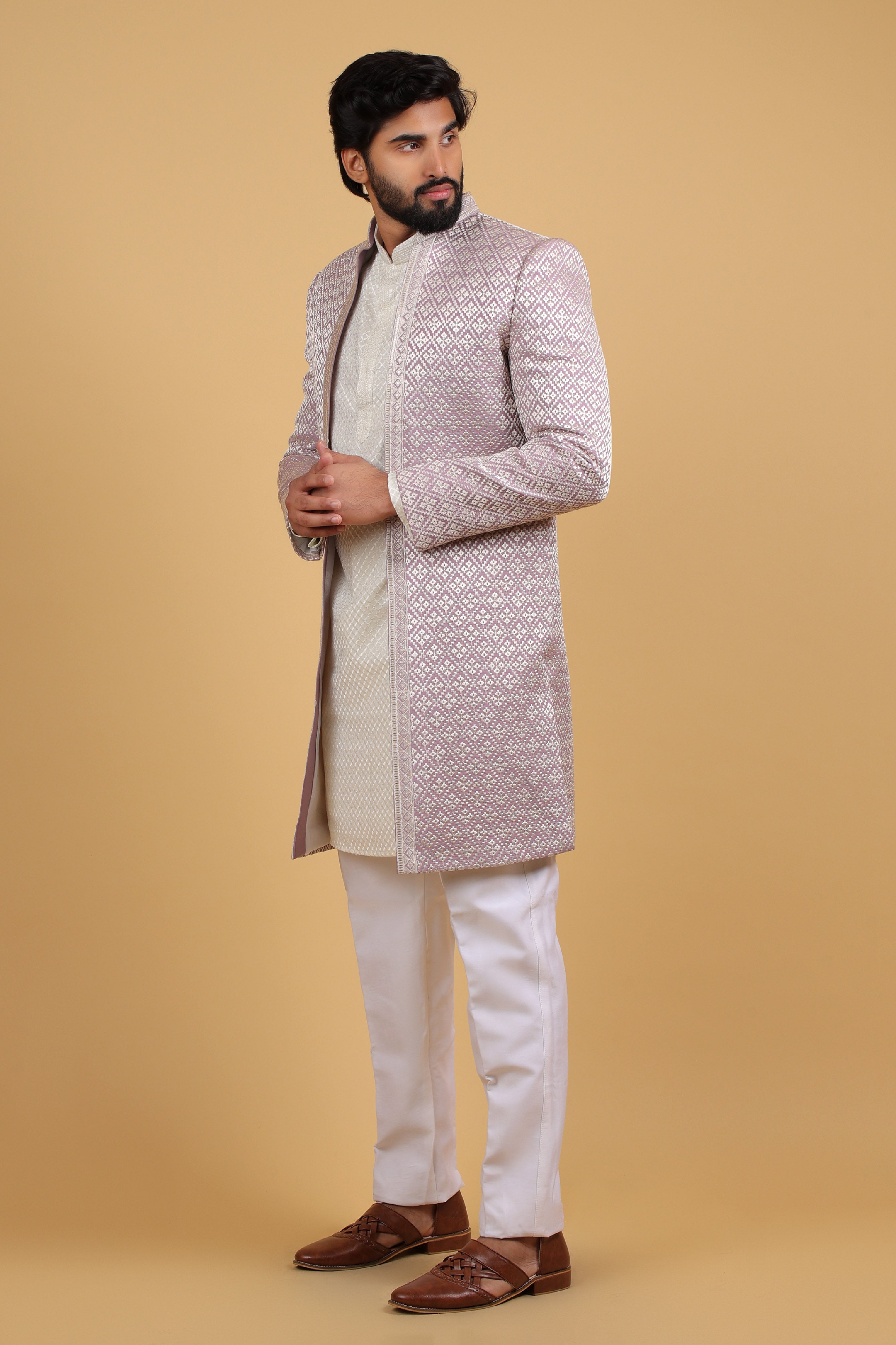 Lavender Resham Embroidered Front-Open Indo-Western