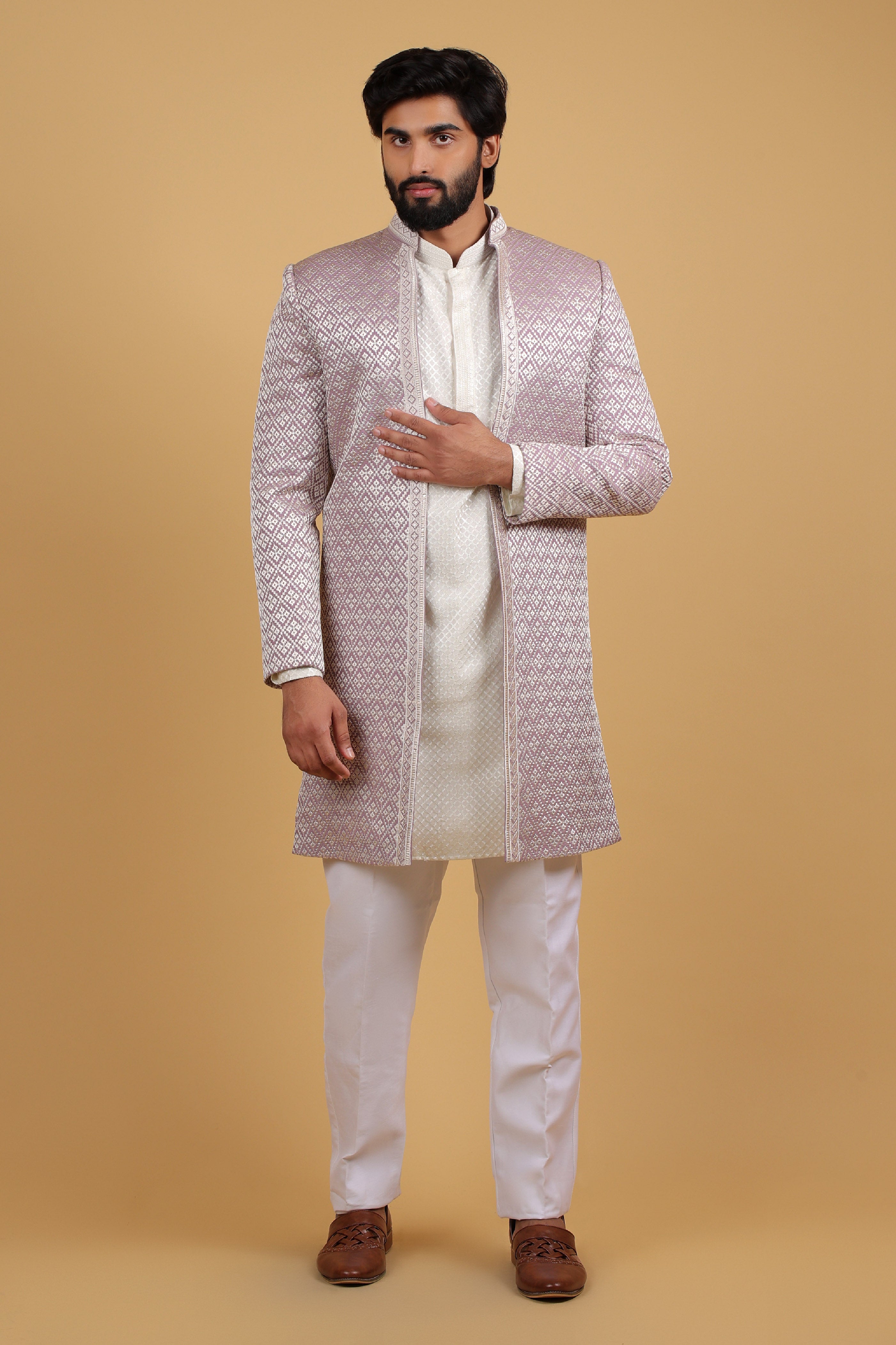 Lavender Resham Embroidered Front-Open Indo-Western