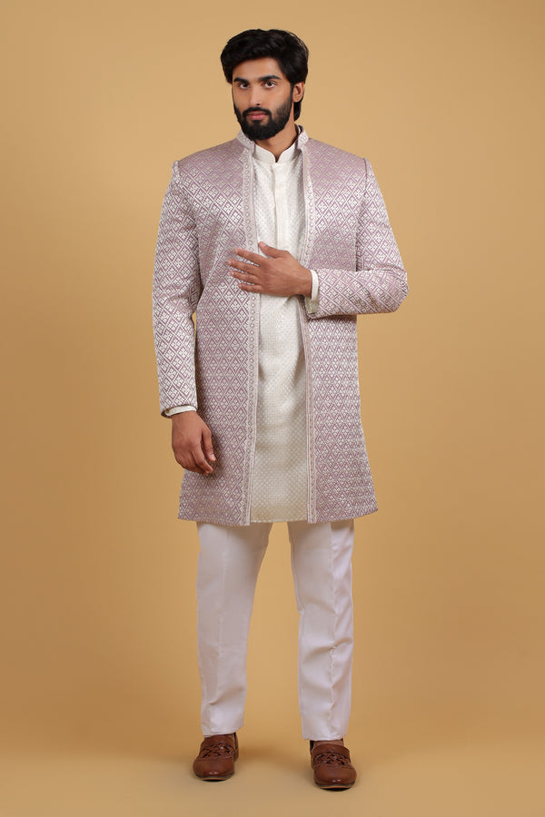 Lavender Resham Embroidered Front-Open Indo-Western