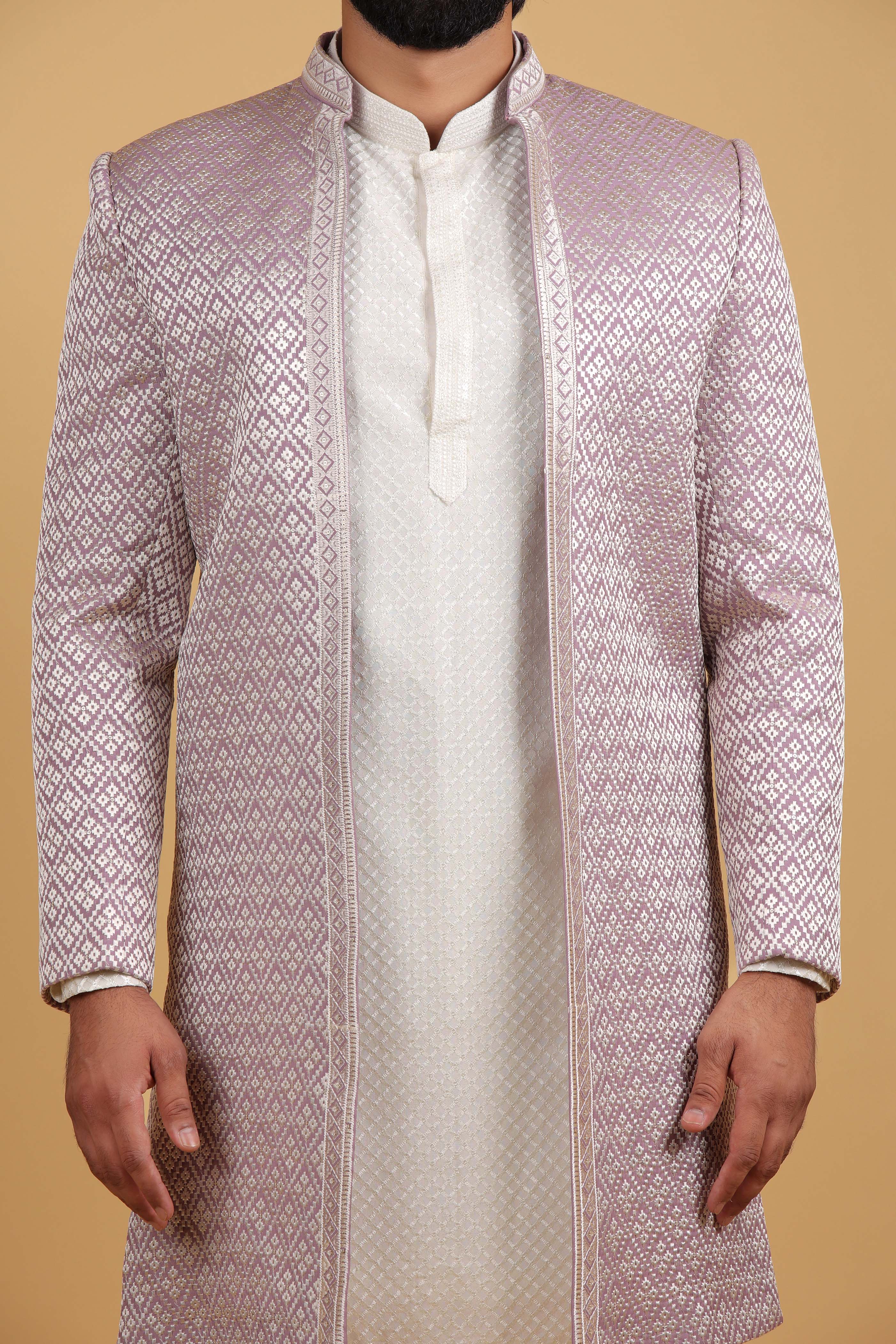 Lavender Resham Embroidered Front-Open Indo-Western