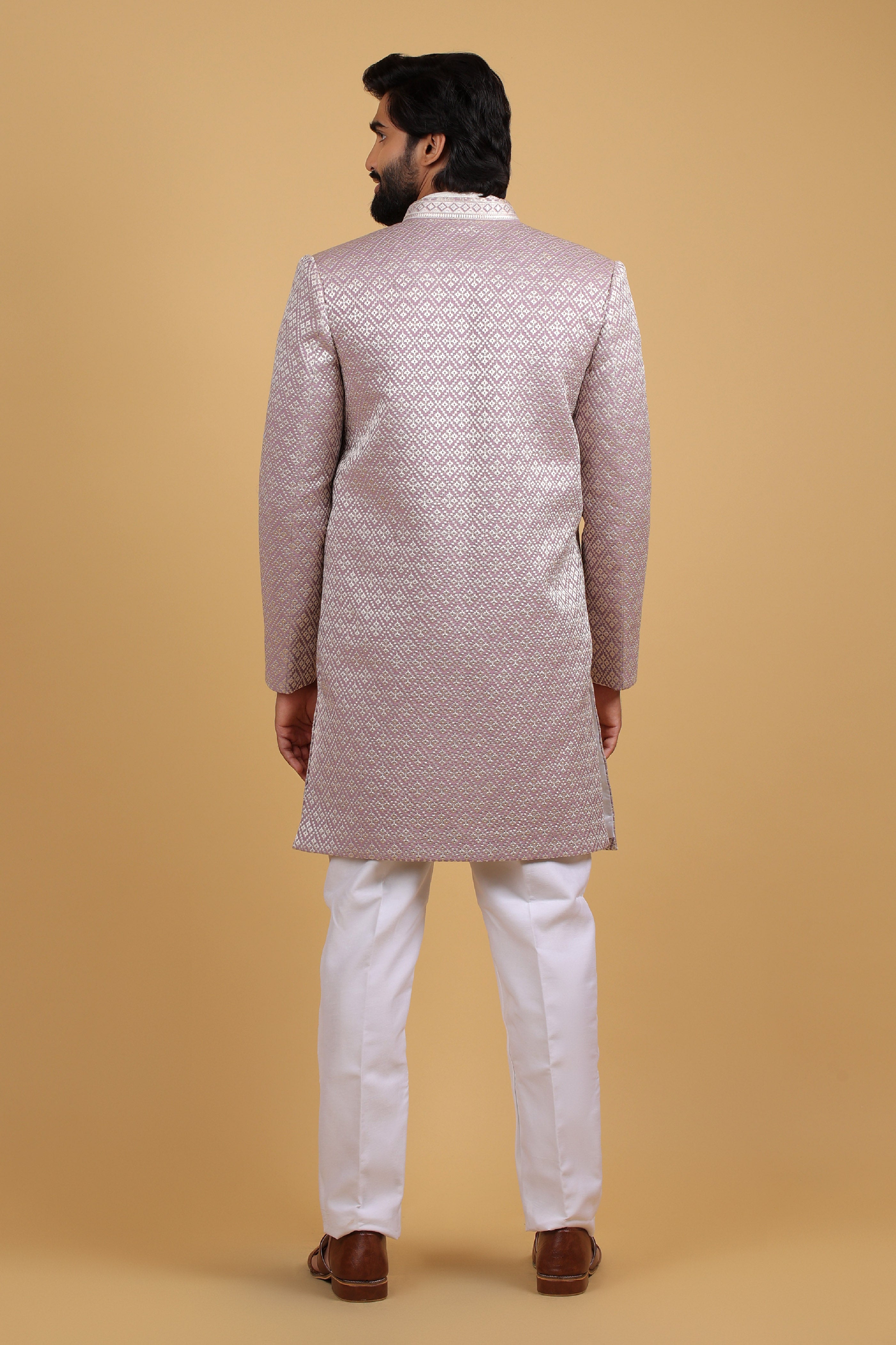 Lavender Resham Embroidered Front-Open Indo-Western