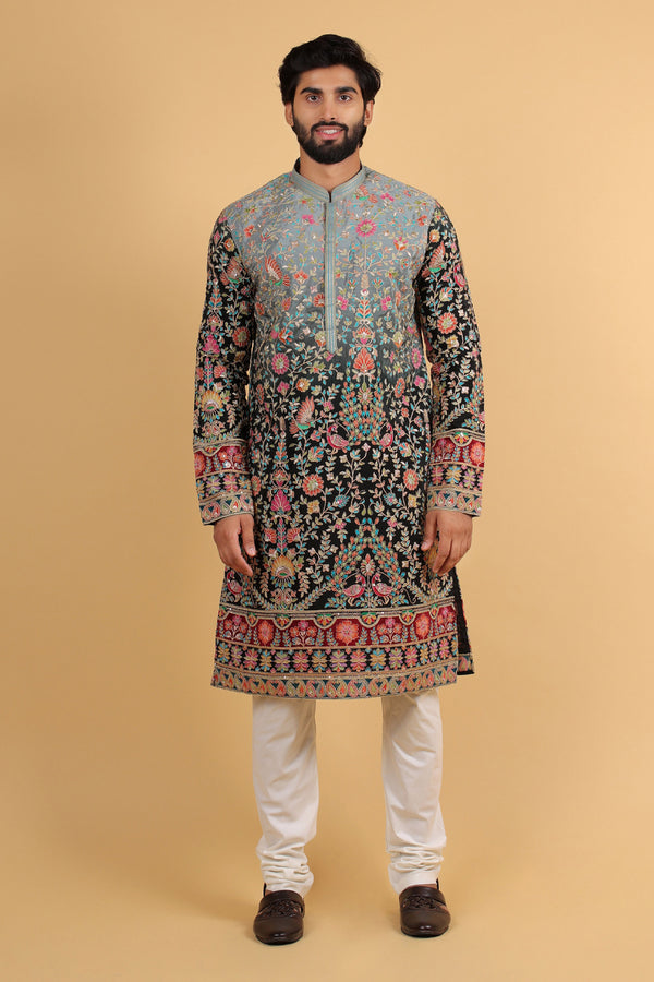 Regal Grey Kasab Embroidered Silk Kurta