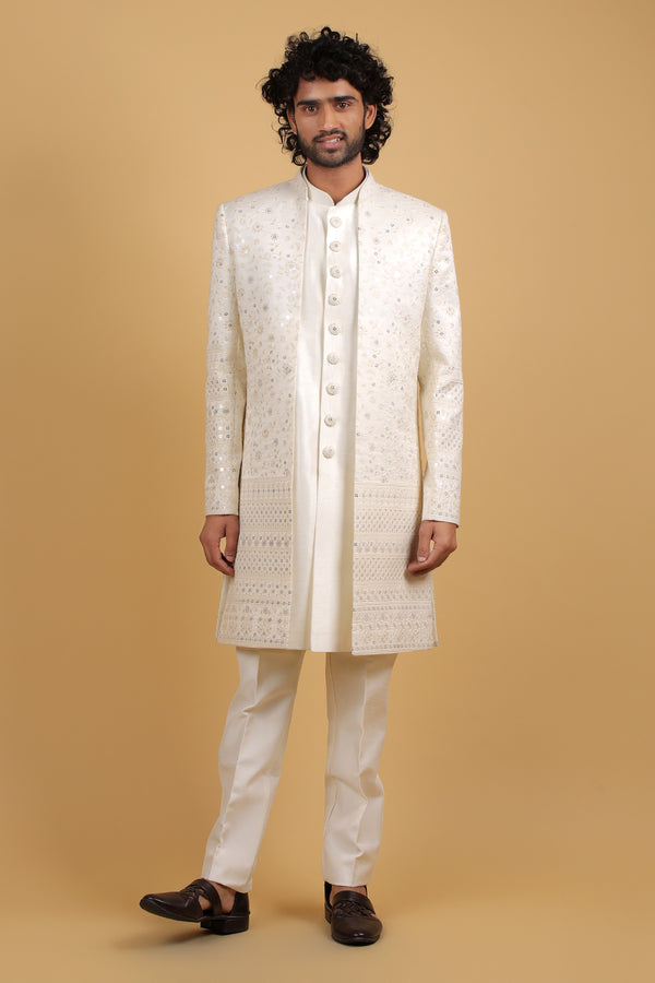 Regal Cream Raw Silk Front-Open Indo-Western