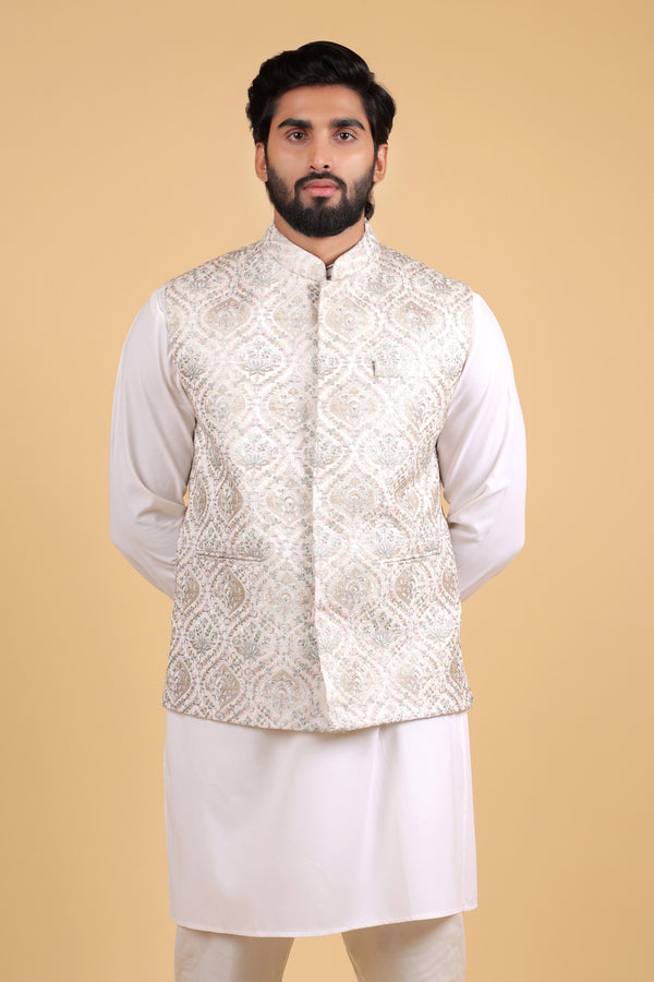 Royal Embroidered Linen Satin Sadri in Cream