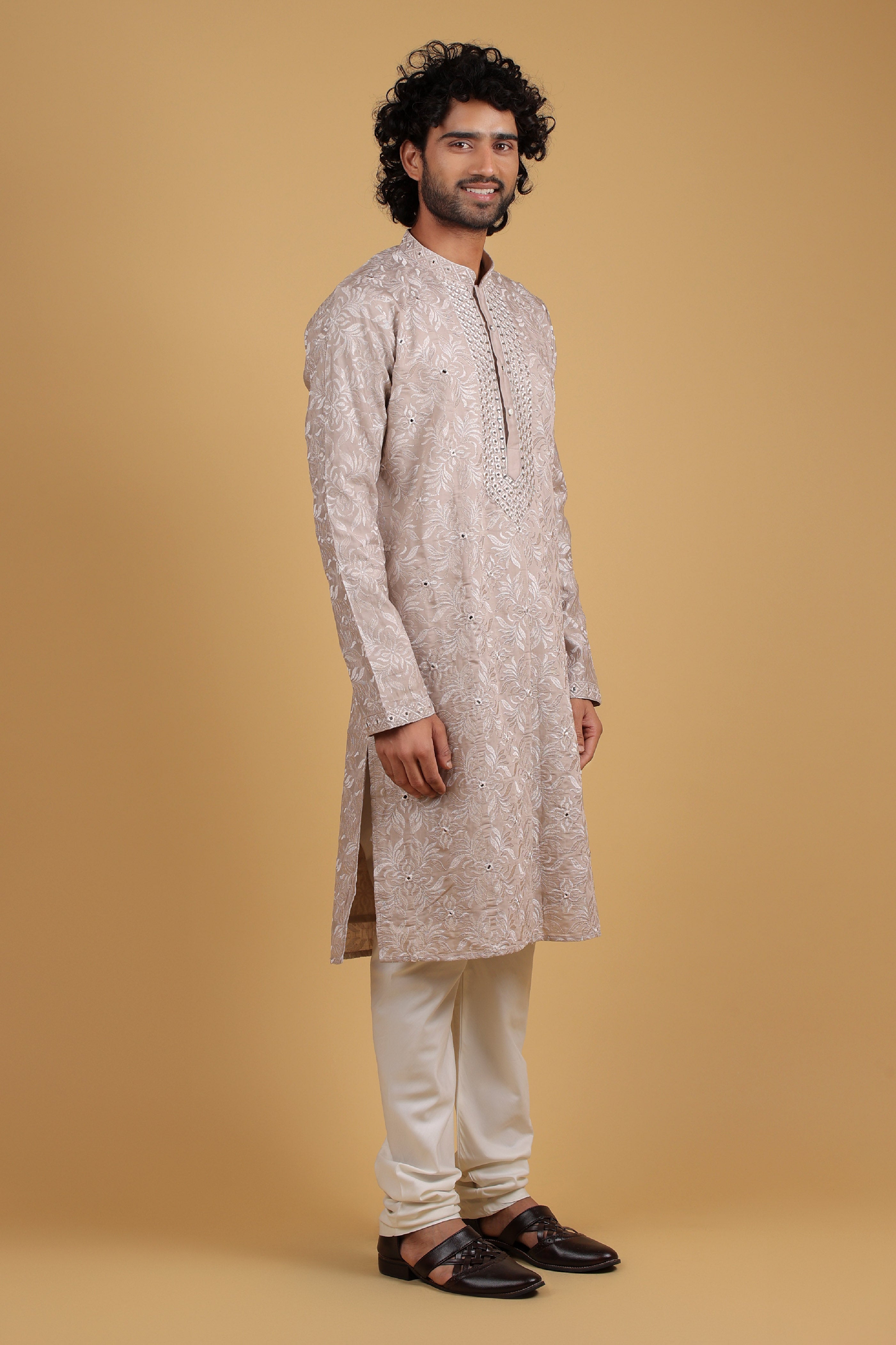 Fawn Mirage Mirror Embroidered Kurta