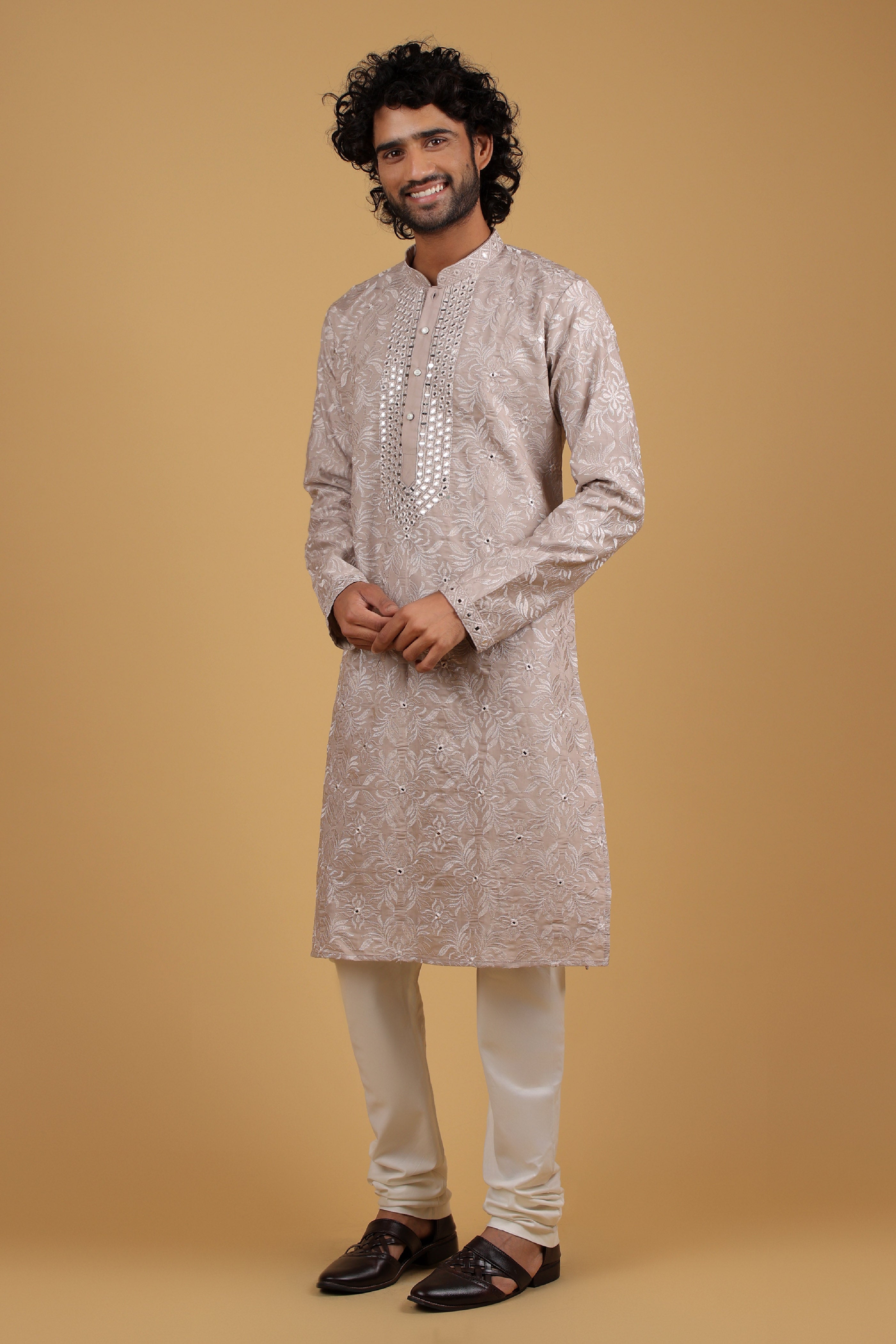Fawn Mirage Mirror Embroidered Kurta