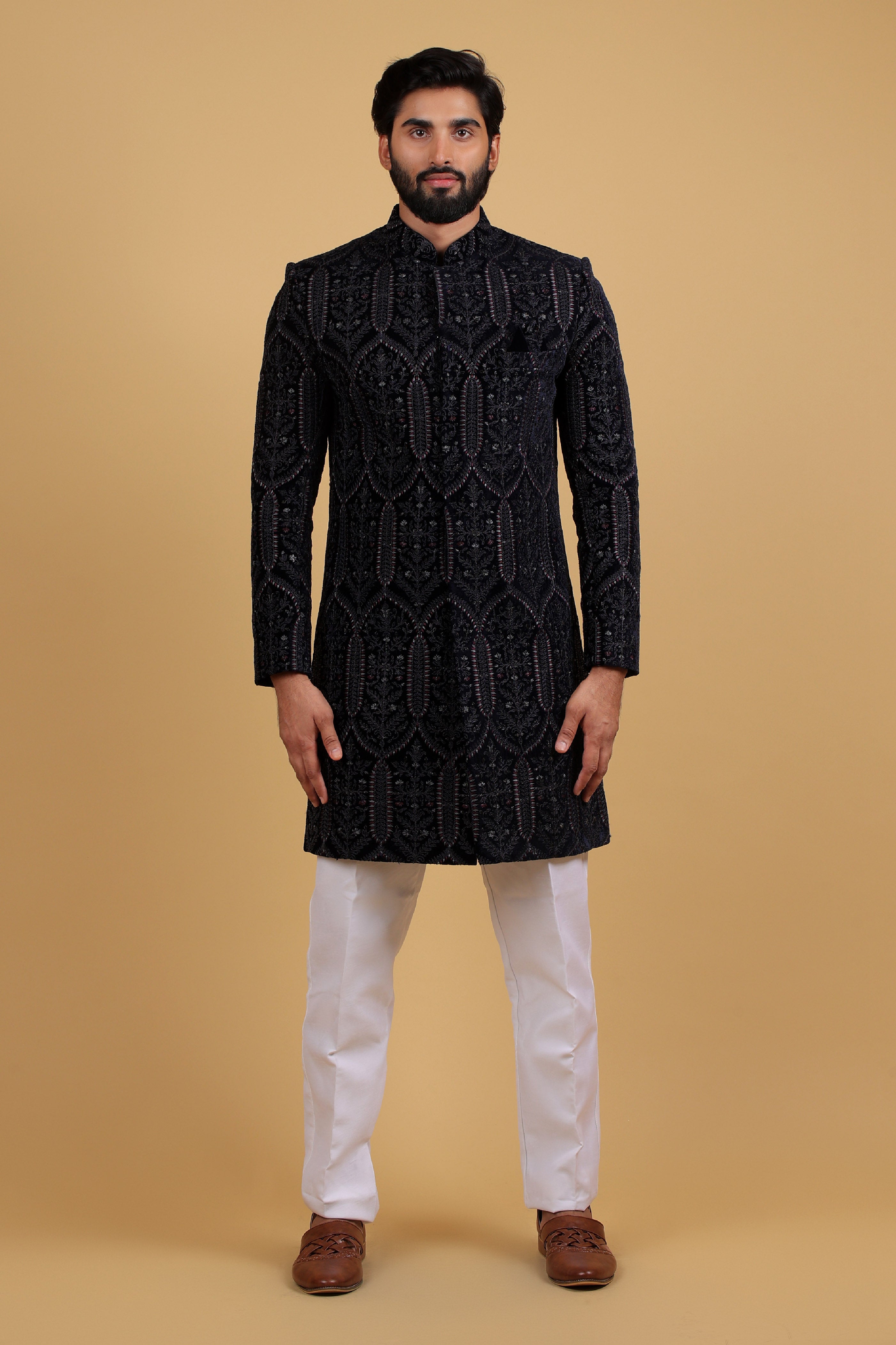 Regal Blue Velvet Indo-Western Ensemble