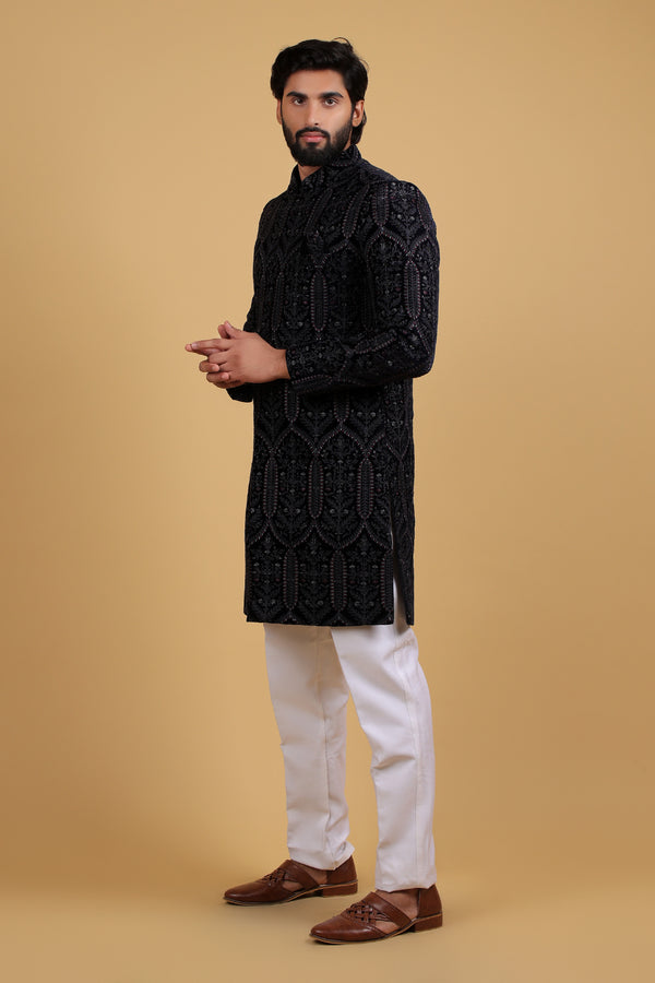 Regal Blue Velvet Indo-Western Ensemble