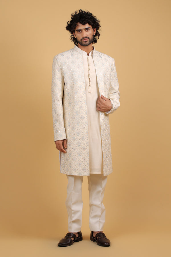 Heritage Cream Chanderi Front-Open Indo-Western
