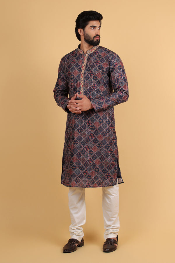 Royal Weave Embroidered Collar Navy Rado Silk Kurta