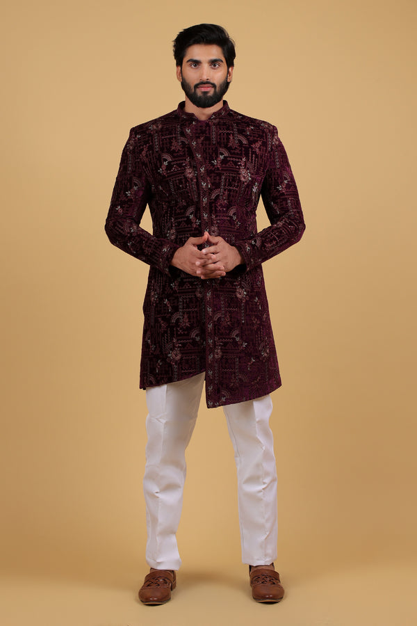 Regal Purple Heritage Embroidered Angrakha Indo-Western