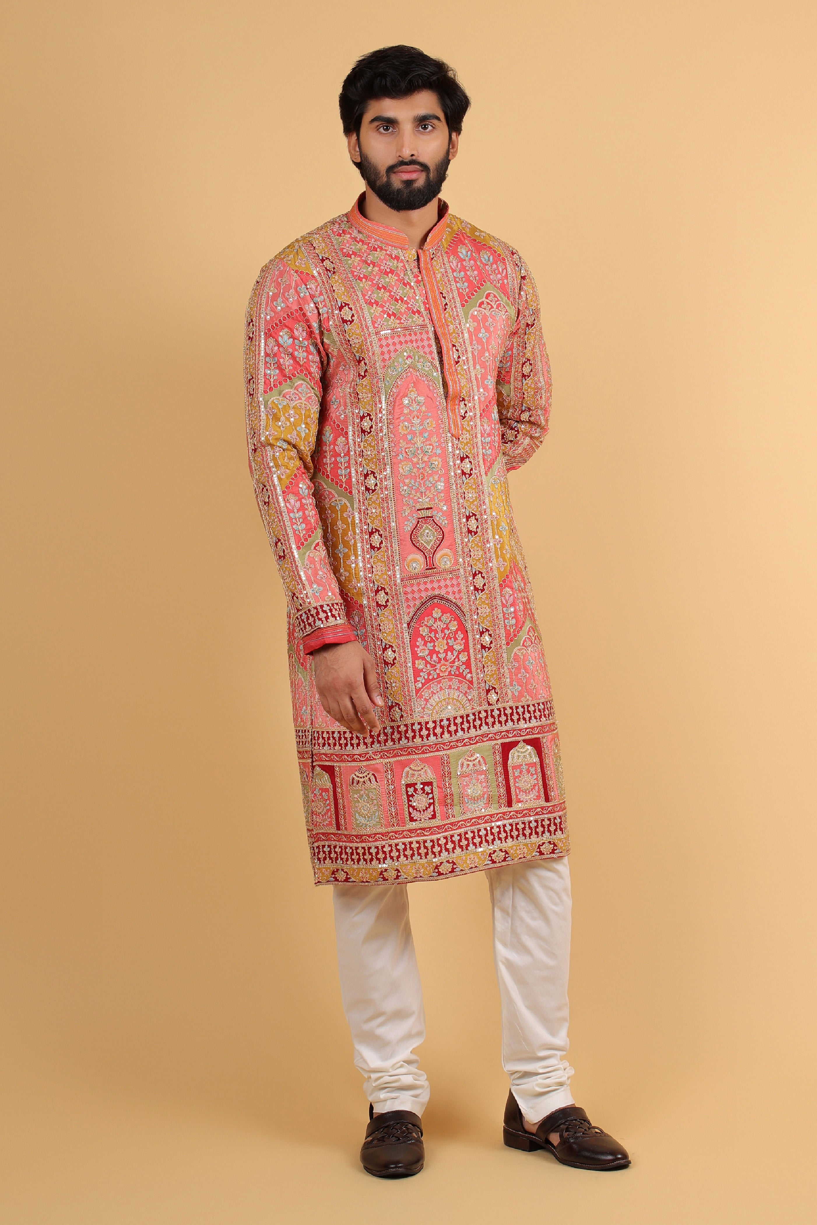 Regal Archway Kasab-Zari Embroidered Peach Russian Silk Kurta
