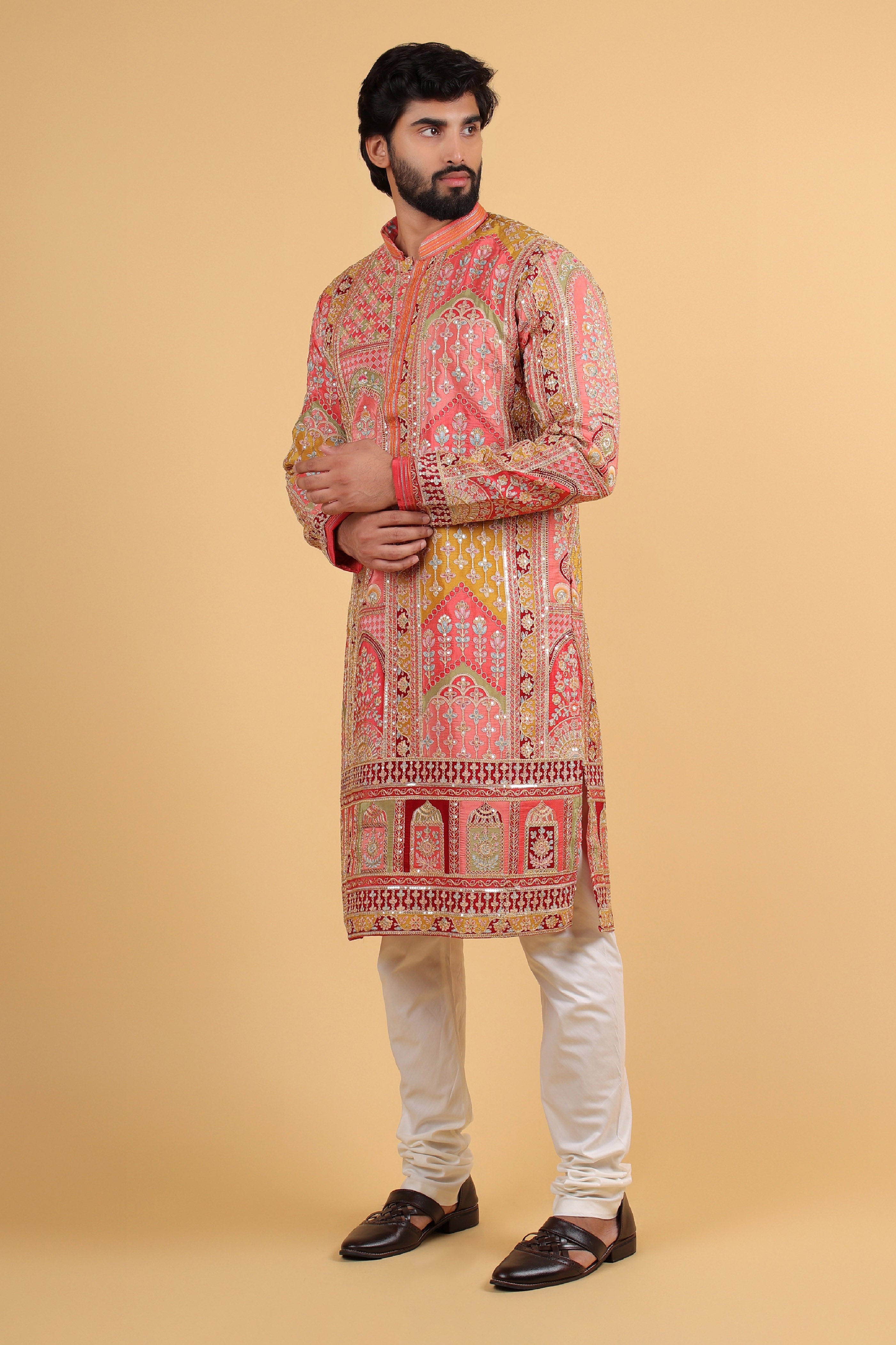 Regal Archway Kasab-Zari Embroidered Peach Russian Silk Kurta